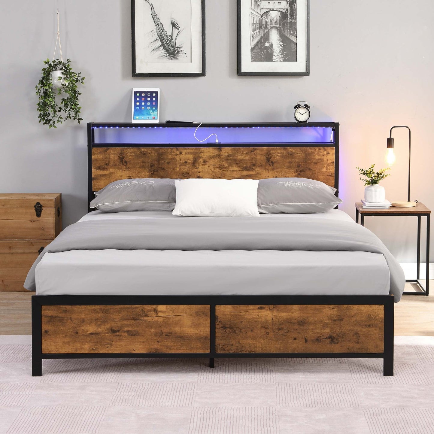 Leumius Base de Cama Tamaño King con Luces LED y 2 Puertos USB, Base de Cama de Plataforma de Metal de Estilo Industrial con Cabecera con Almacenamiento, sin Ruido, King