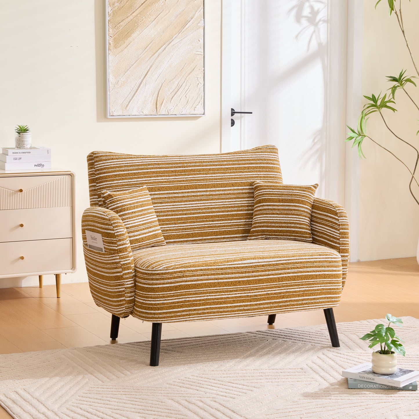 Leumius Loveseat Sofa with Side Storage Pocket and Solid Wood Legs, Comfortable Reading Chair with Sanded Fabric for Living Room Bedroom Office Mustard Yellow