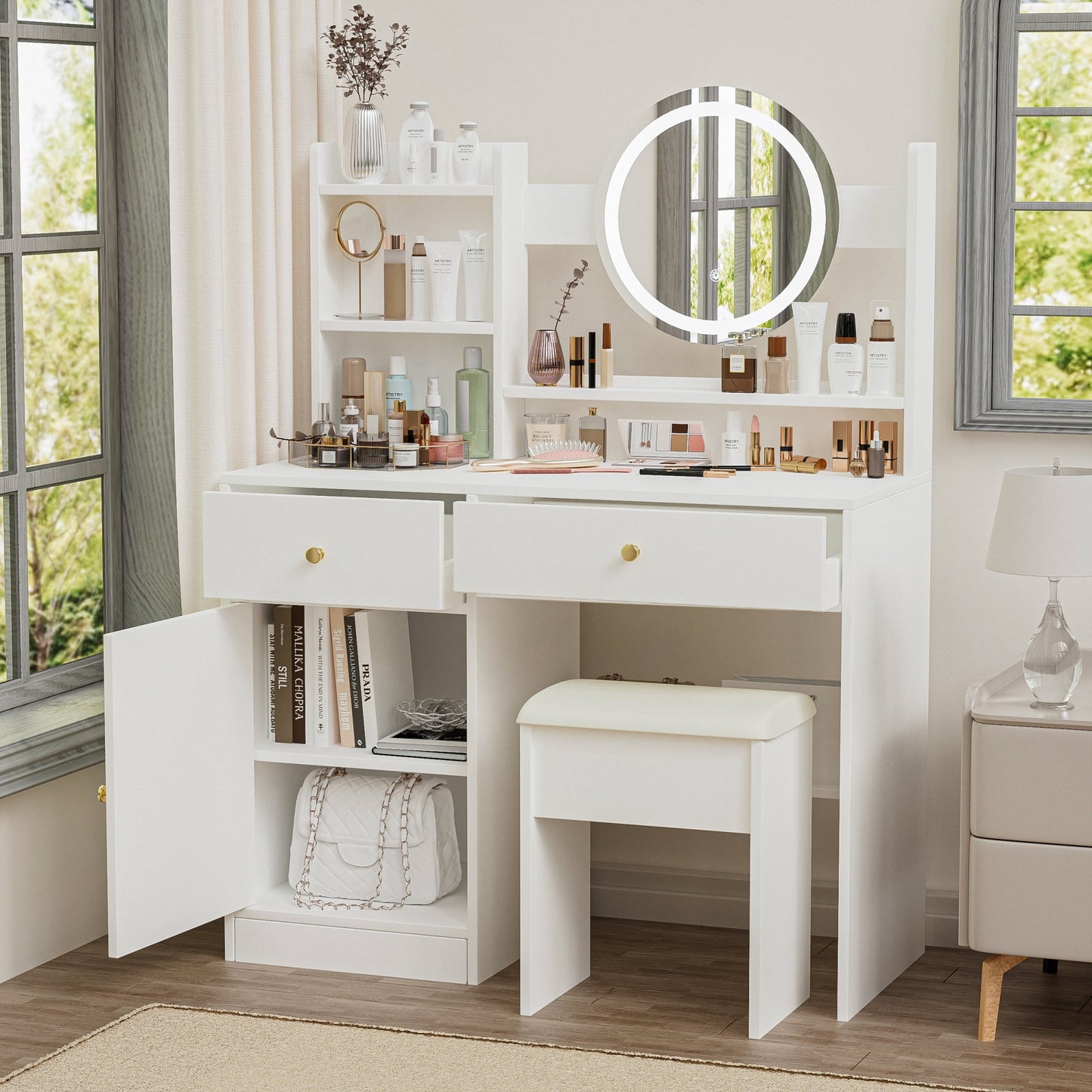 Leumius Makeup Vanity Desk with Mirror and Lights Dressing Table with 2 Drawers & Adjustable 3 Color Lighting Brightness for Bedroom Storage Cabinet,White