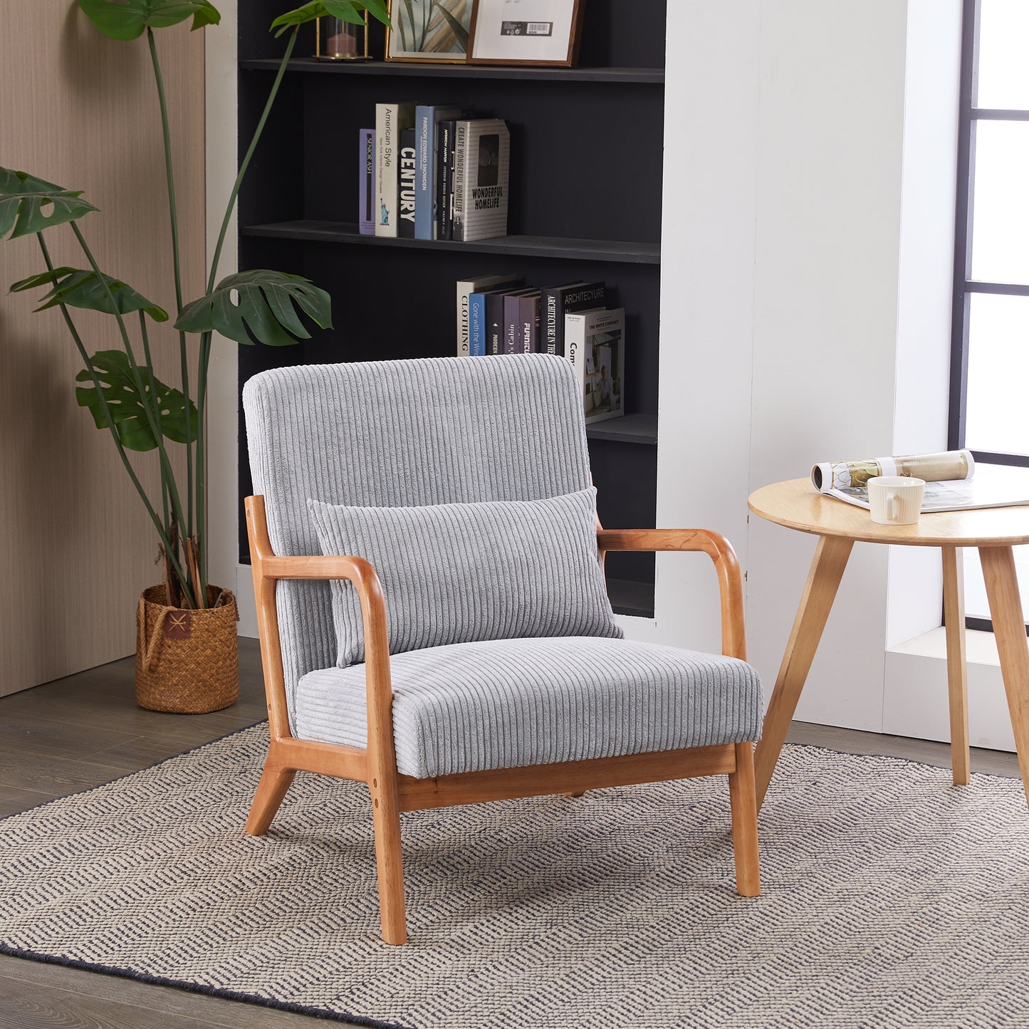 Leumius Modern Arm Chair Upholstered Reading Accent Chair with Pillow & Solid Wood Frame for Living Room Bedroom,Light Gray