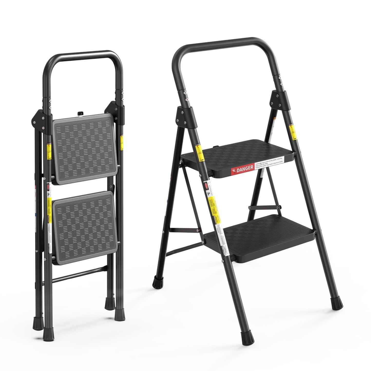 LevLad 2 Step Ladder, Folding Step Stool with Anti-Slip Pedal, Sturdy Steel Ladder, Convenient Handrail, Lightweight, Portable, Black