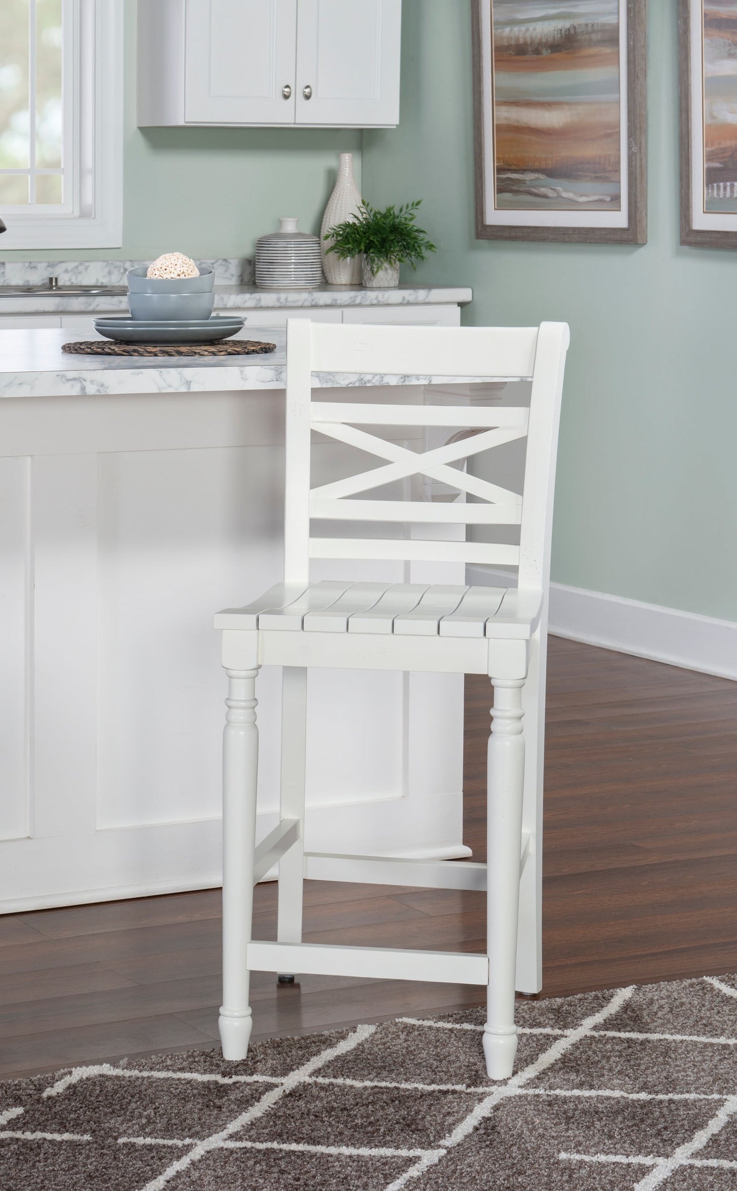 Linon Asher 24.25" Wood Farmhouse Counter Stool with X Back Plank Seat in White