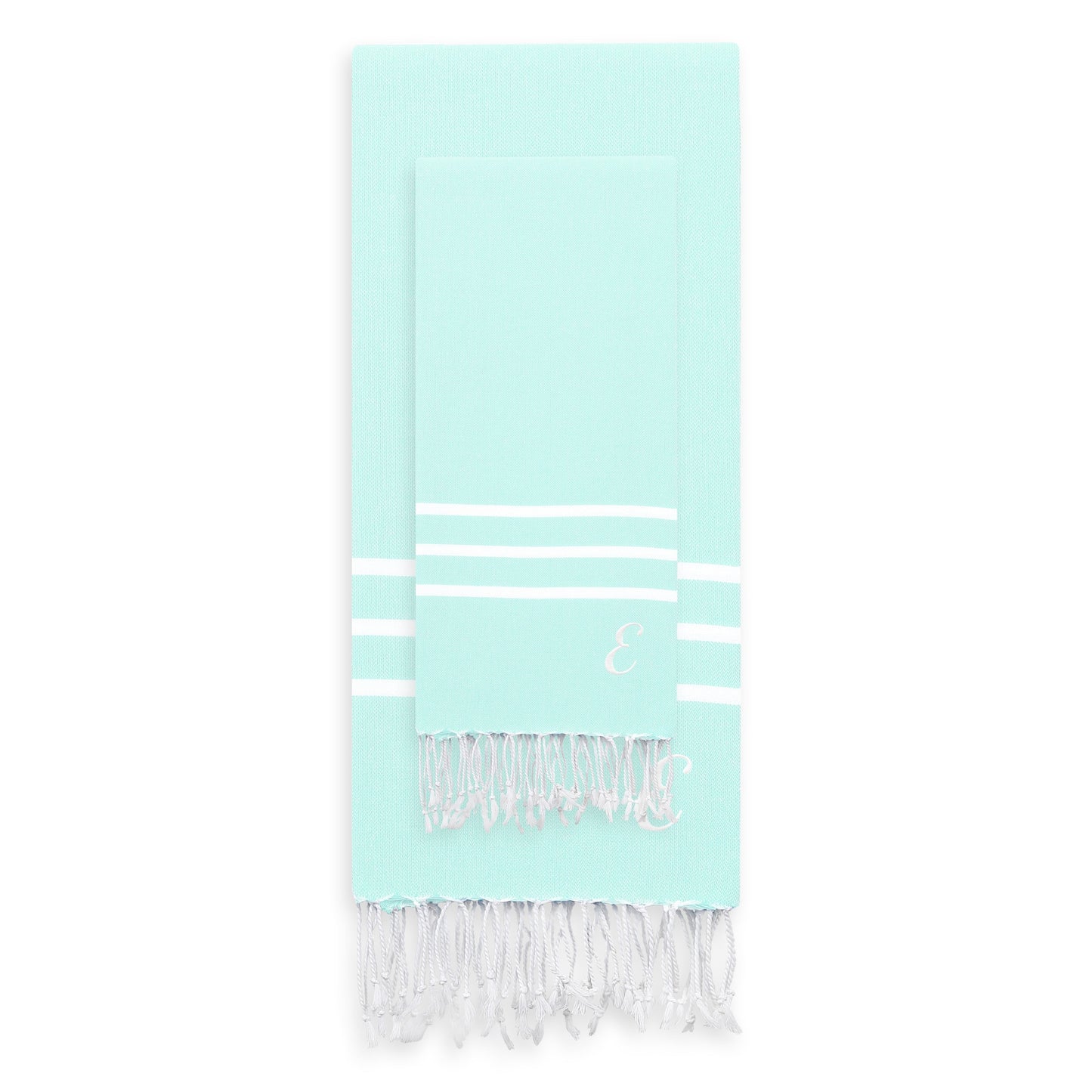 Linum Home Authentic Ella Soft Aqua Monogrammed Pestemal Fouta Turkish Cotton Beach and Head Towel Set (Set of 2) E
