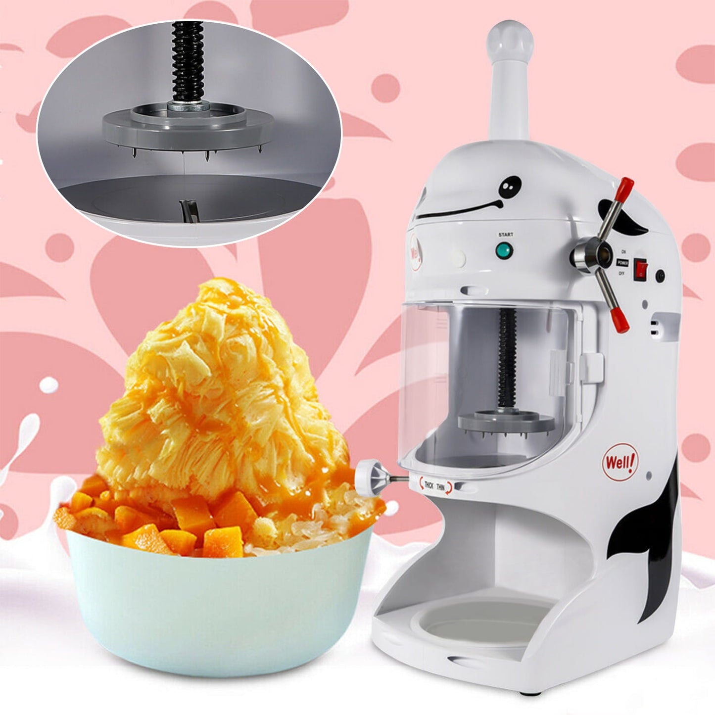 Loyalheartdy 350W Electric Ice Shaver Commerial Automatic Ice Crusher Low Noise Snow Cone Ice Slush Making Machine