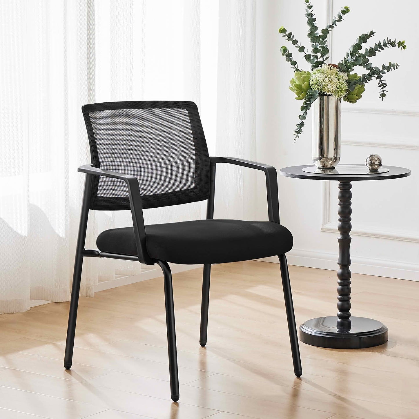MAYEERTY 1 Pack Stackable Mesh Back Arm Chair, Upholstered Fabric Reception Guest Chair with Sturdy Metal Legs for Meeting Room Waiting Room, Black