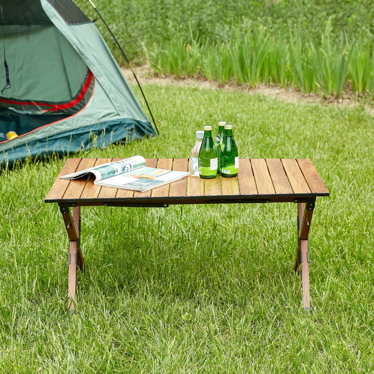MAYEERTY 1-Piece Folding Aluminum Roll-Up Table for Indoor & Outdoor Use, Brown