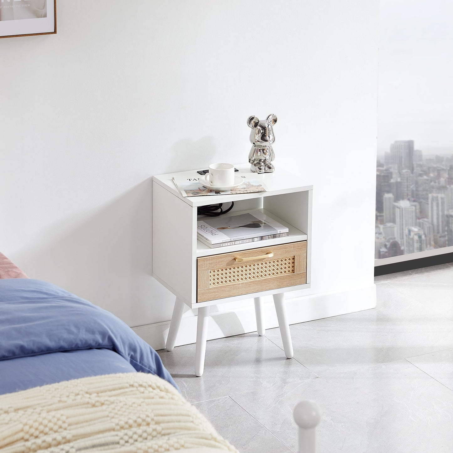 MAYEERTY 15.75" Rattan End Table with Power Outlet & USB Ports – Modern Nightstand with Drawer & Solid Wood Legs, White