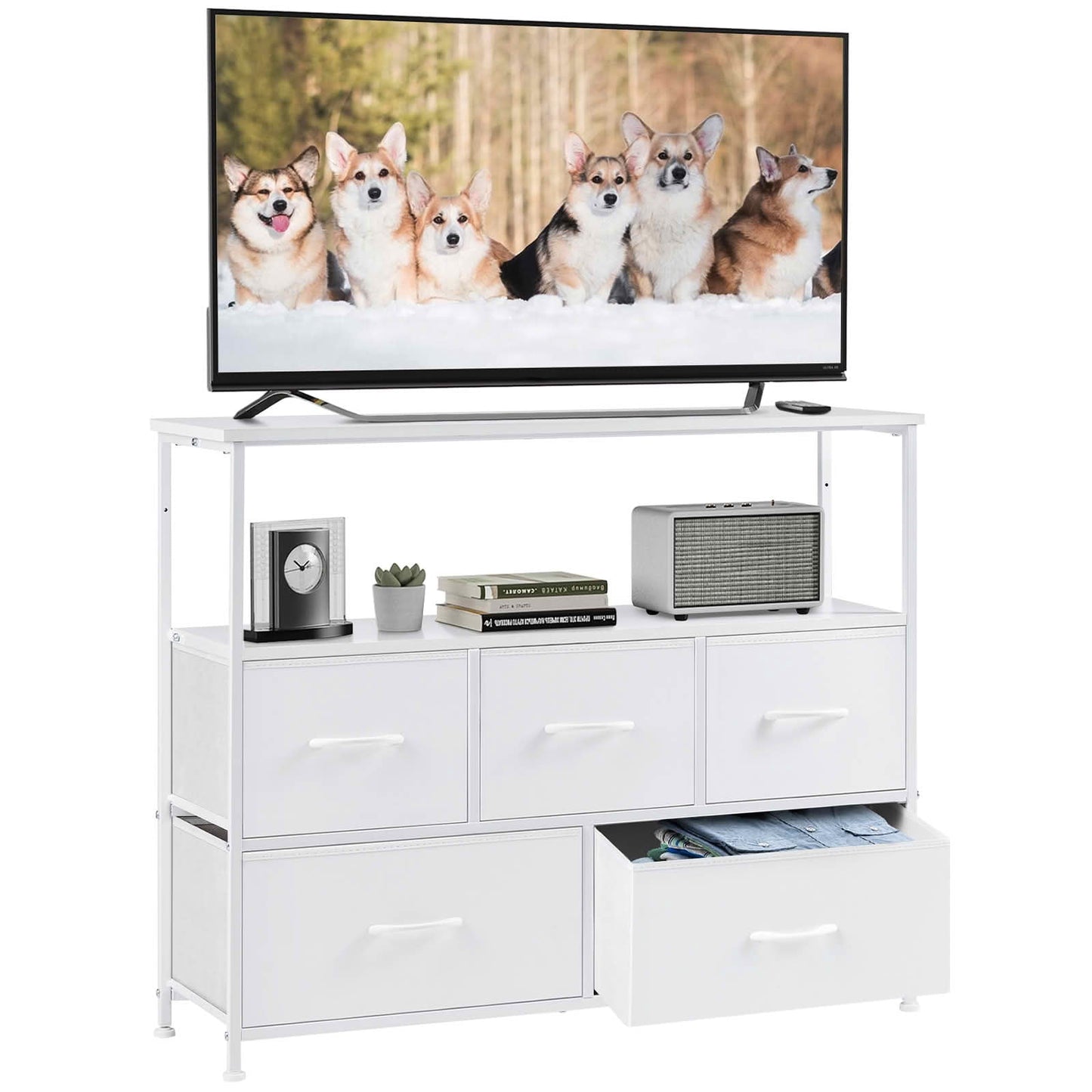 MAYEERTY Fabric Dresser TV Stand Combo, 5 Drawers Storage Tower with Wooden Top, Multifunctional Organizer for Bedroom Living Room Nursery
