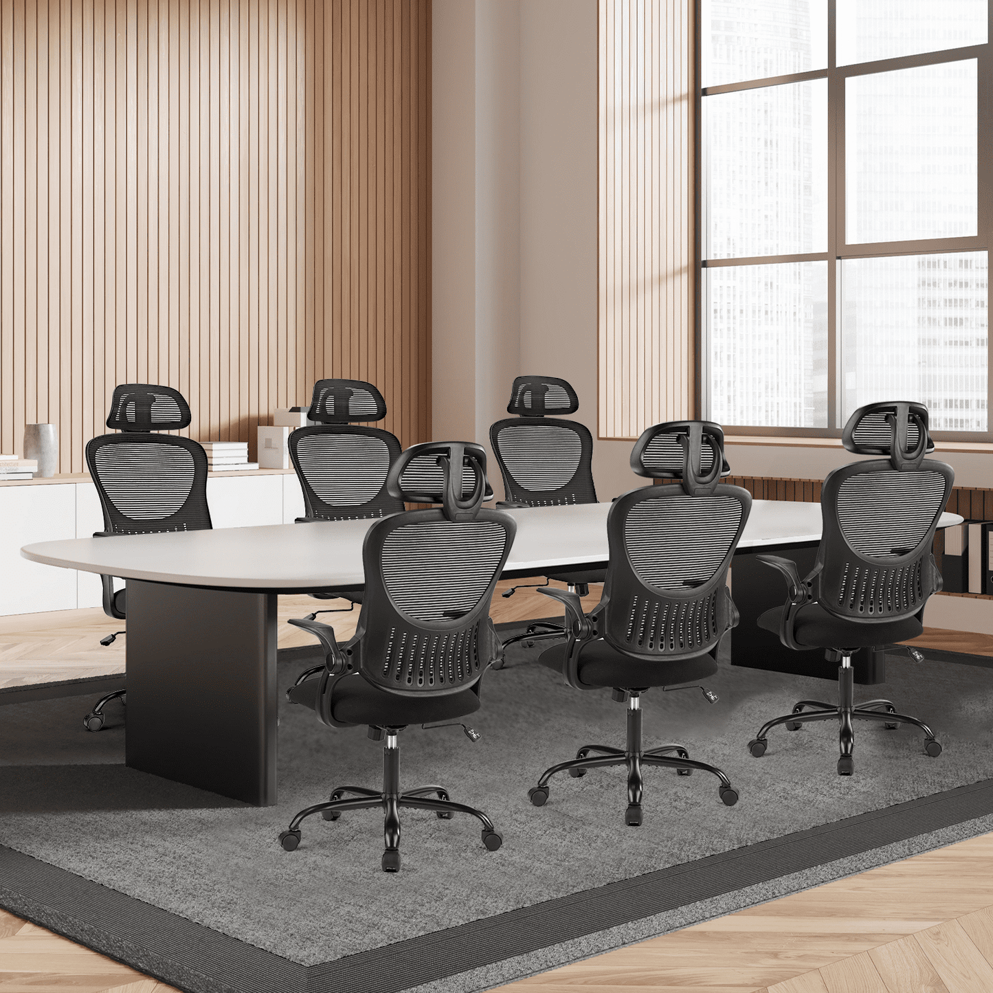MAYEERTY Silla de Oficina Ergonómica, Silla de Escritorio para Computadora Ajustable con Respaldo Alto de Malla con Reposacabezas, Reposabrazos y Ruedas Abatibles, Negro