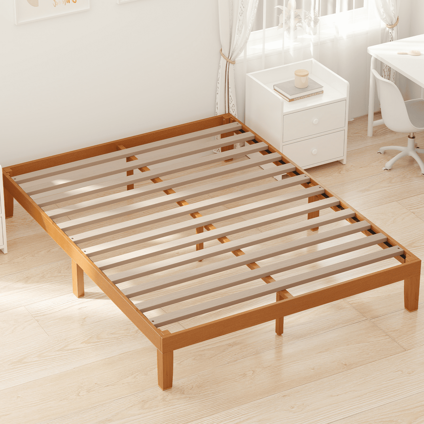 MAYEERTY Full Wood Bed Frame - Natural Pine, Support Slats, Mattress Foundation​