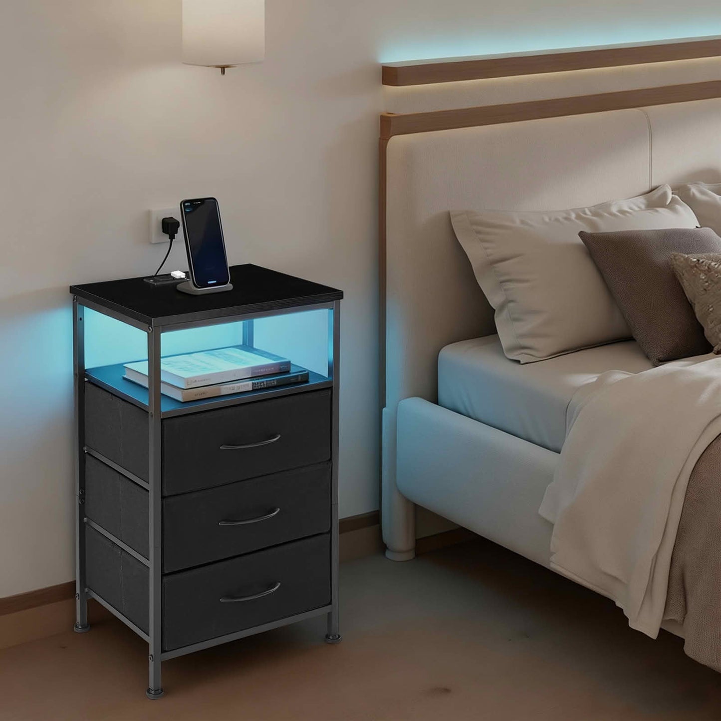 MAYEERTY Nightstand with Charging Station, 3 Fabric Drawers USB/Type-C Ports Outlets, Bedroom End Table,Black