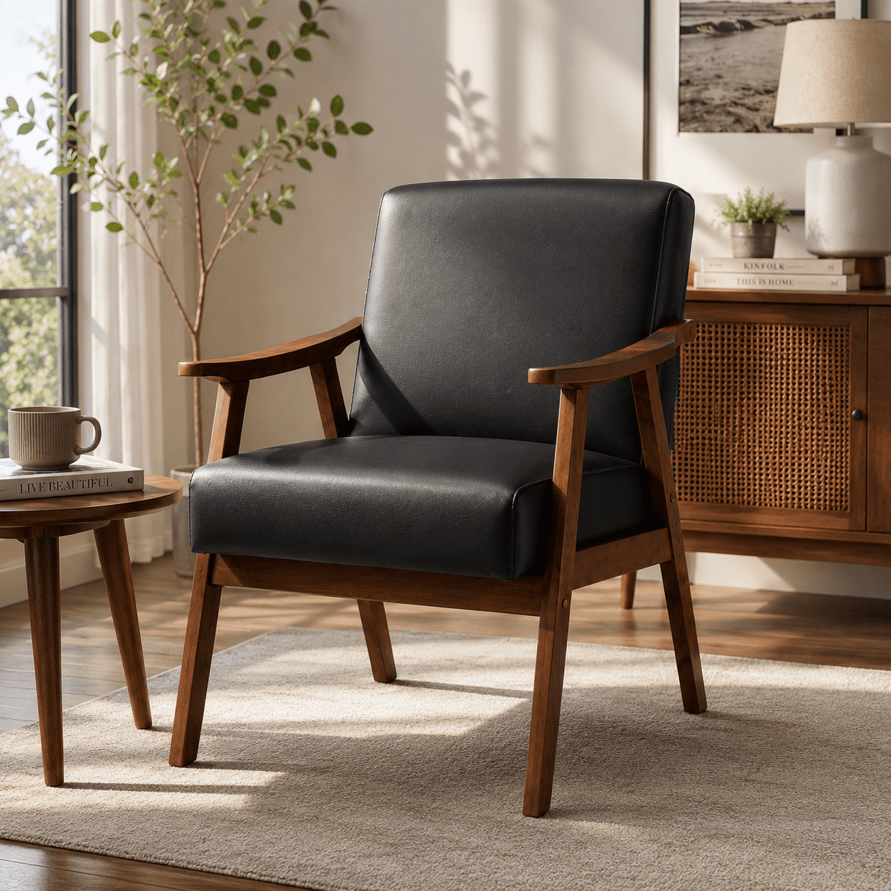 MOONMISS Silla Decorativa Moderna de Mediados de Siglo con Estructura de Madera Maciza de Microfibra para Sala de Estar, PU Negro