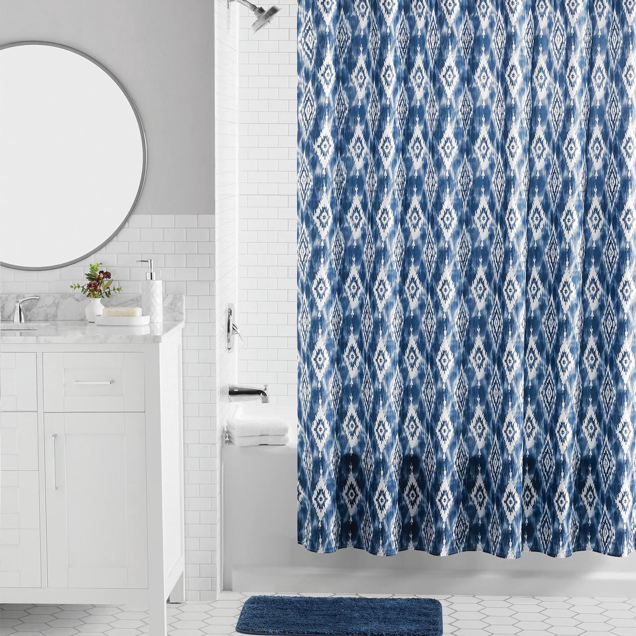 Mainstays 16-Piece Blue Ikat Shower Curtain Bathroom Set – Fabric Curtain with Rug, Hooks, Soap Dispenser & Tray