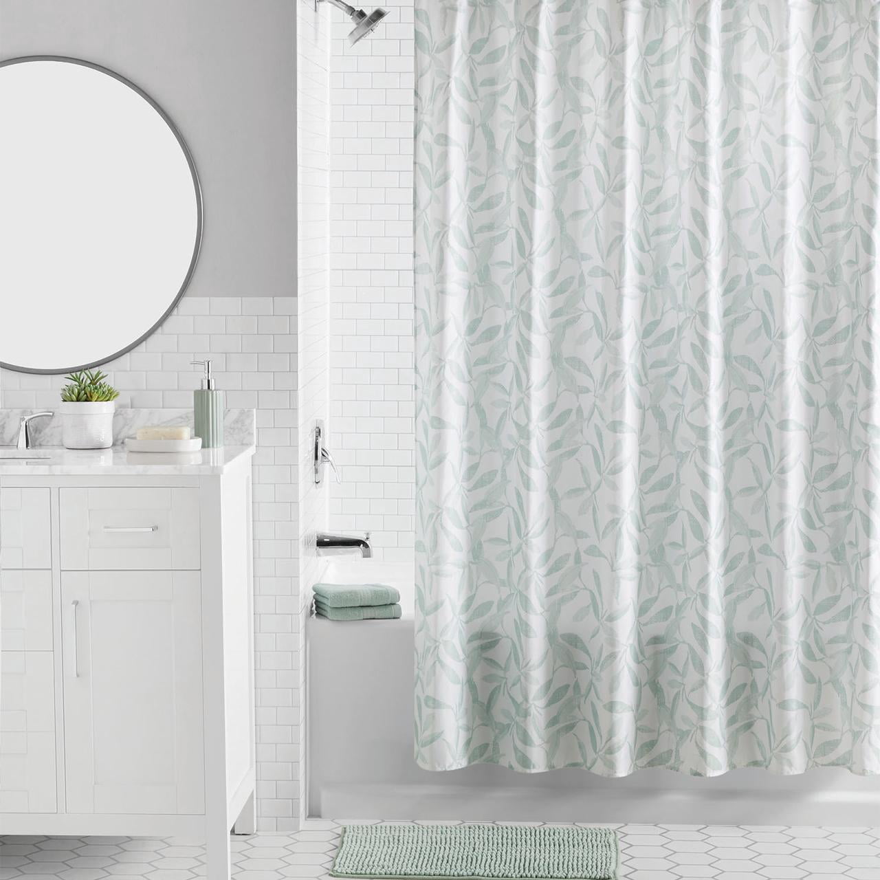 Mainstays 16-Piece Green Leaf Shower Curtain Bathroom Set - Fabric Curtain with Rug, Hooks, Soap Dispenser & Tray