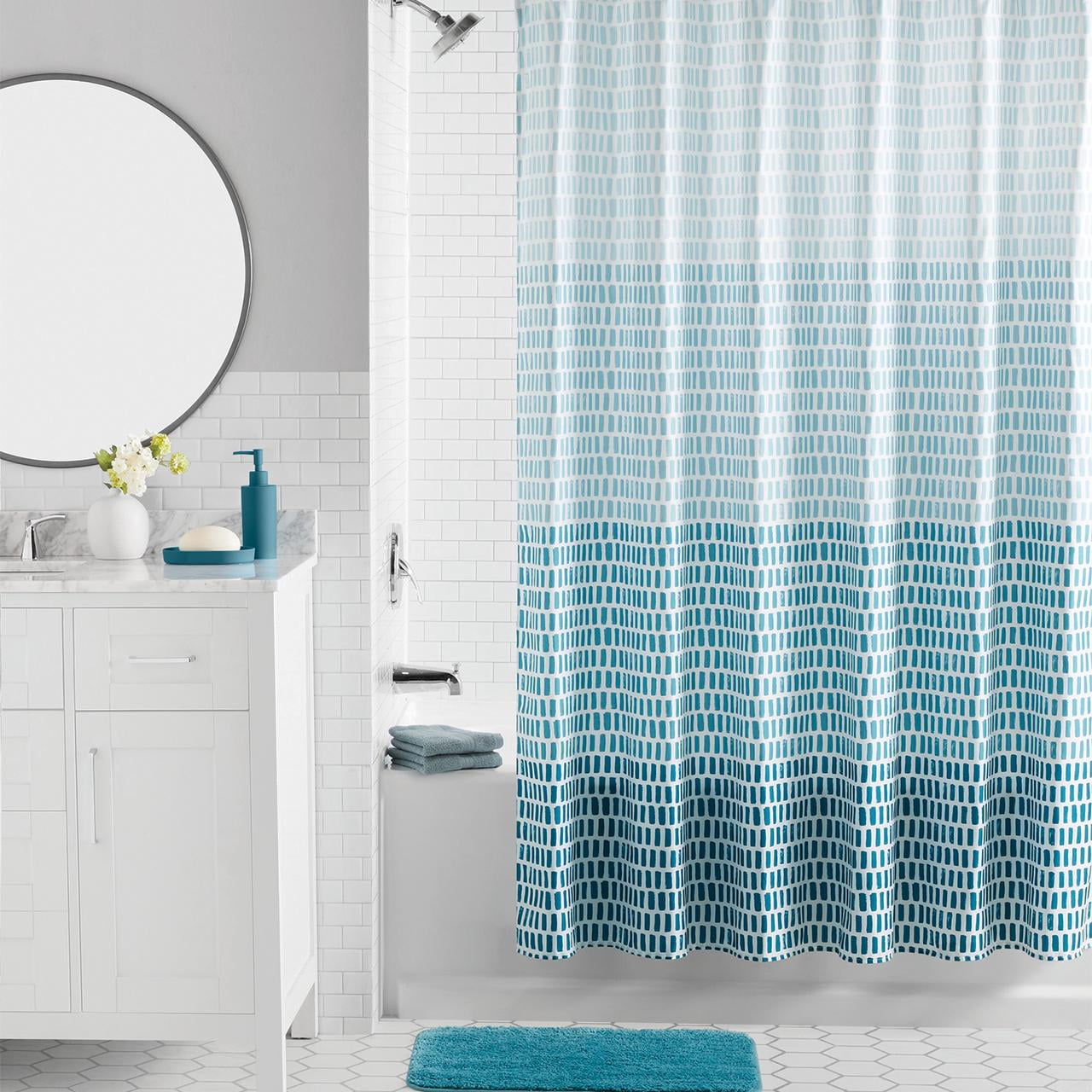 Mainstays 16-Piece Ombre Stripe Shower Curtain Bathroom Set – Blue Fabric Curtain with Rug, Hooks, Soap Dispenser & Tray