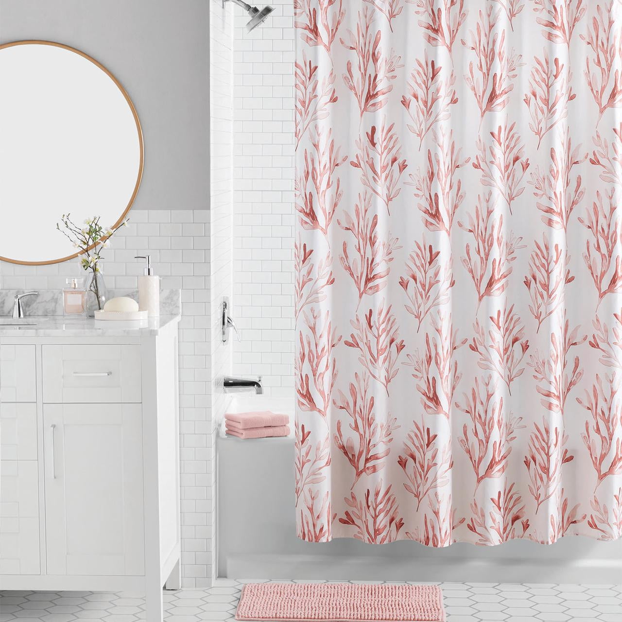 Mainstays 16-Piece Pink Coastal Botanical Shower Curtain Bathroom Set – Fabric Curtain with Rug, Hooks, Soap Dispenser & Tray
