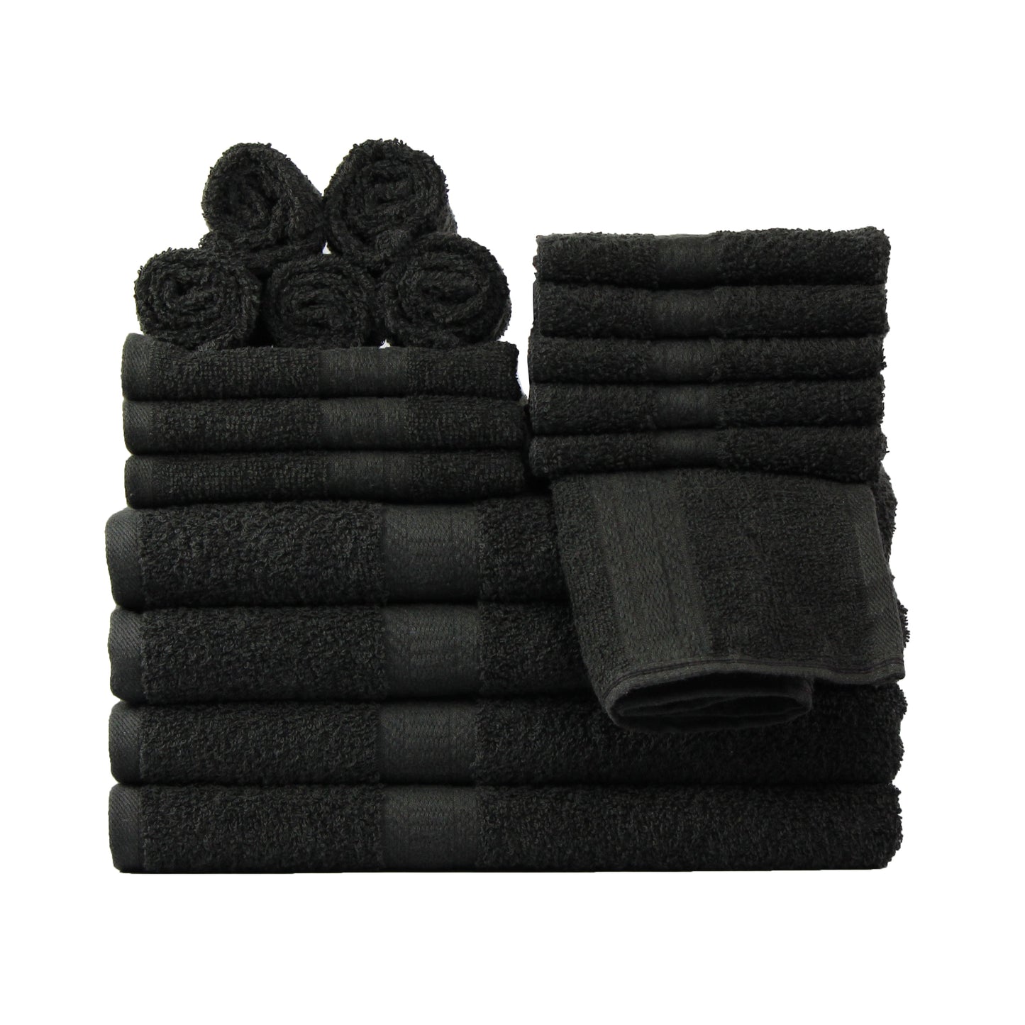 Mainstays 18 Piece 100% Cotton Towel Set, 4 Bath , 4 Hand and 10 Washcloths, Super Soft and Highly Absorbent Basic Solid Towel Set for Bathroom, Hotels, Spa and Gym – Black