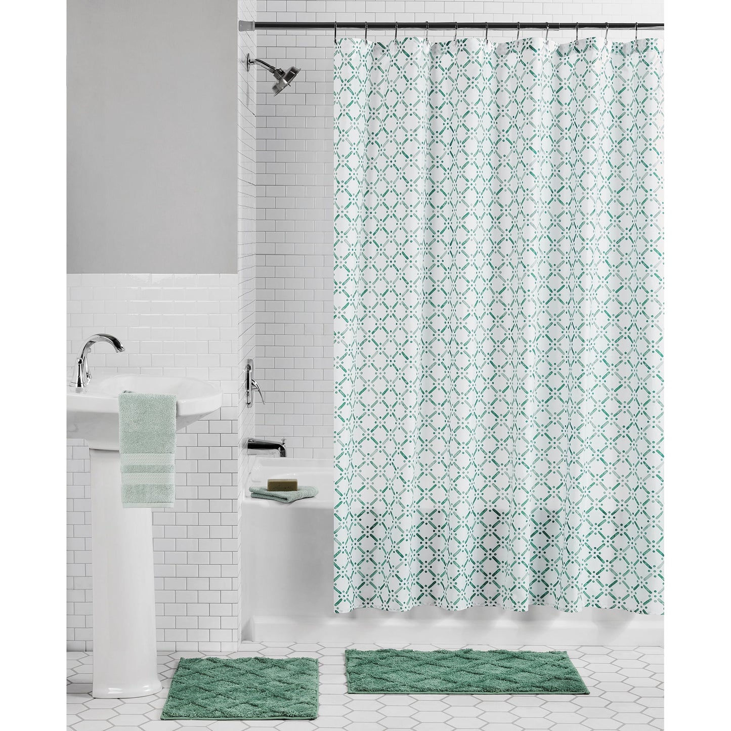 Mainstays 15-Piece Blue & White Diamond Bathroom Set – Shower Curtain, Bath Rugs & Hooks, Stylish Polyester Decor