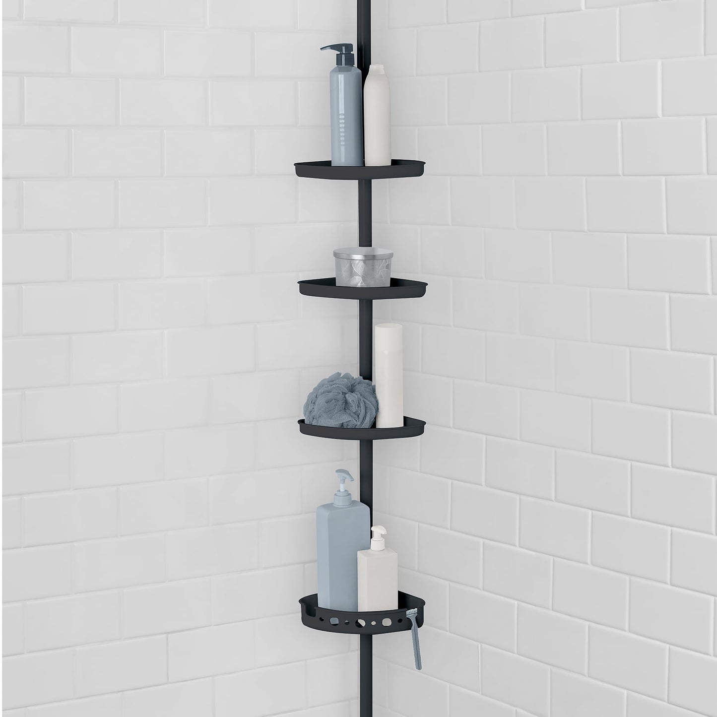 Mainstays Organizador de Ducha con Poste de Tensión Negro de 4 Niveles