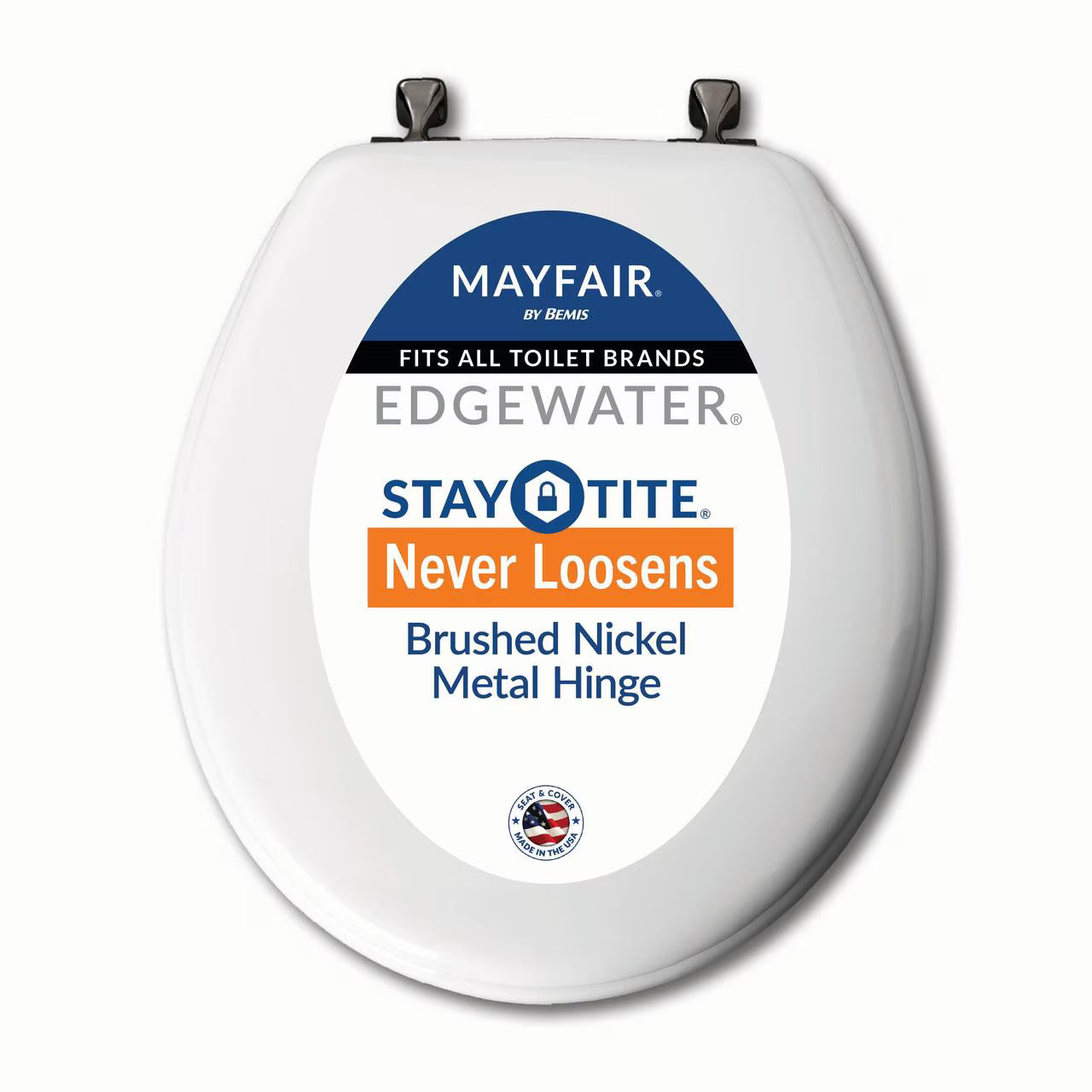 Mayfair Edgewater® Round Enameled Wood Toilet Seat in White Never Looosens Brushed Nickel Metal Hinge