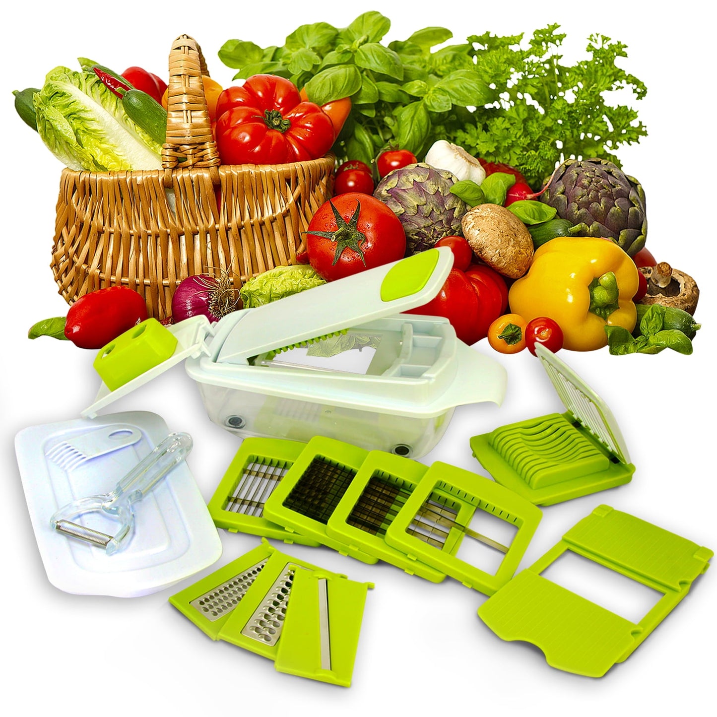 MegaChef 8-in-1 Multi-Use Slicer Dicer and Chopper with Interchangeable Blades, Vegetable and Fruit Peeler and Soft Slicer