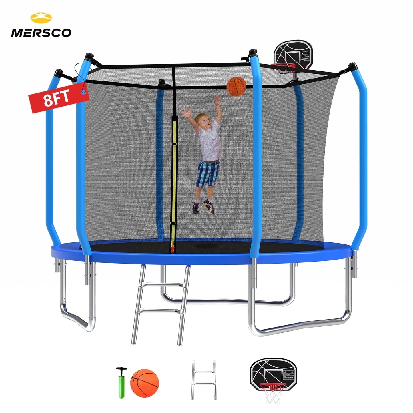 Mersco 8ft Trampoline for Kids,Outdoor Trampoline with Enclosure,BasketballHoop and Ladder,Upright-Poled Backyard Trampoline with Total Loading 960Lbs,Birthday Gifts,Green