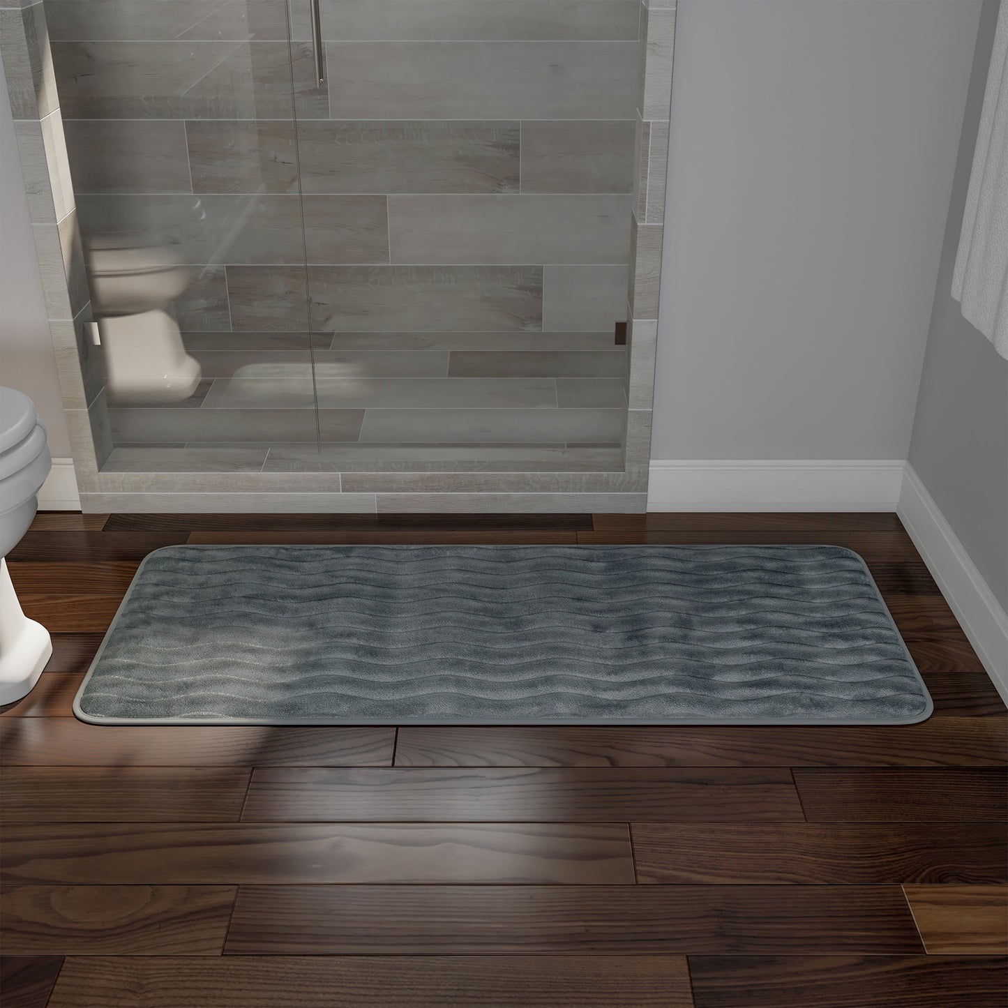 Microfiber Memory Foam Bathmat – Oversized Padded Nonslip Accent Rug for Bathroom, Kitchen, Laundry Room, Wave Pattern by Somerset Home (Platinum)
