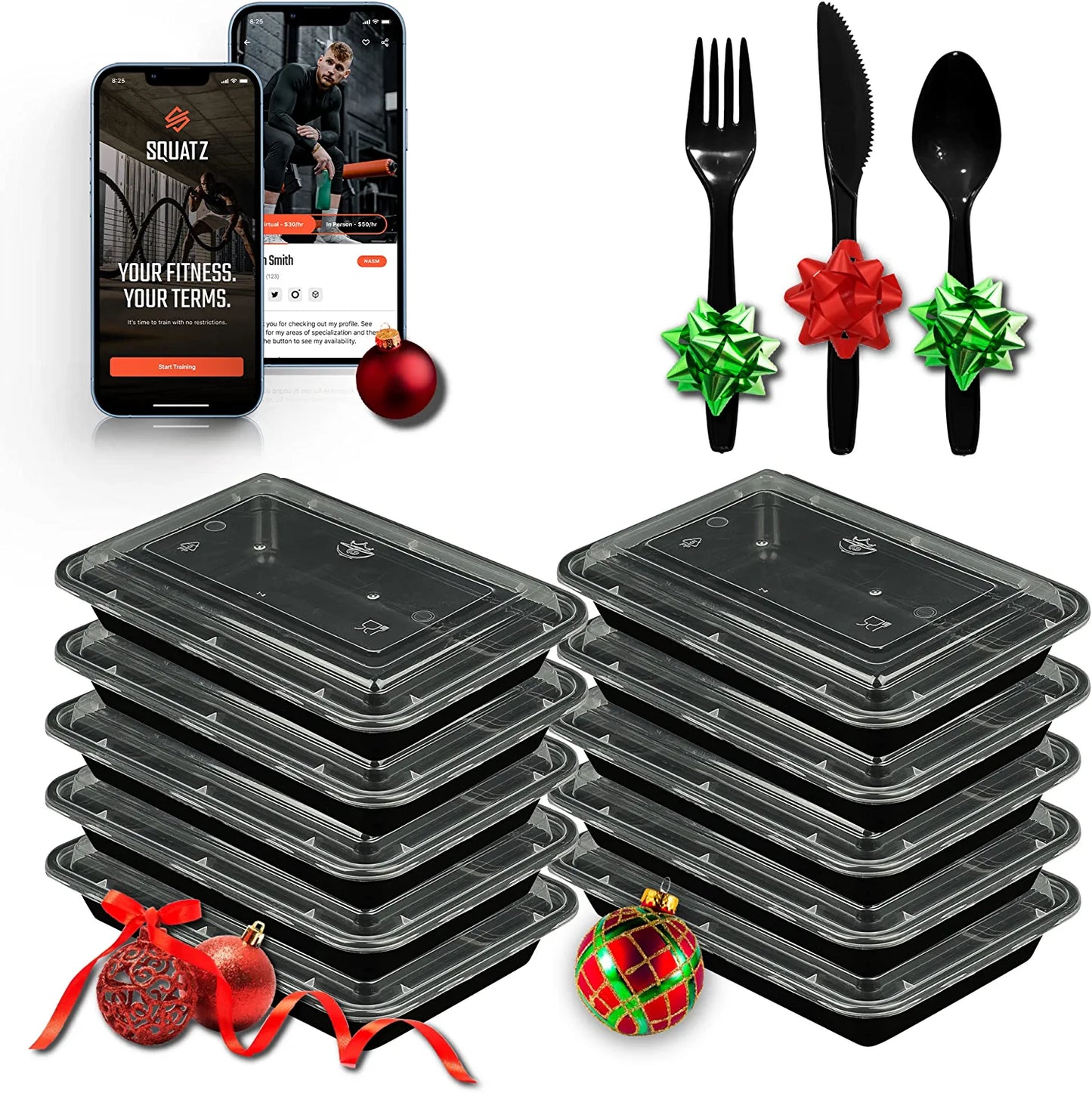 Contenedor de Alimentos para Microondas con Juego de Utensilios - Caja de Almacenamiento Rectangular Negra con Tapas, Utensilios Reutilizables, Cuchara, Tenedor y Cuchillos (Negro)