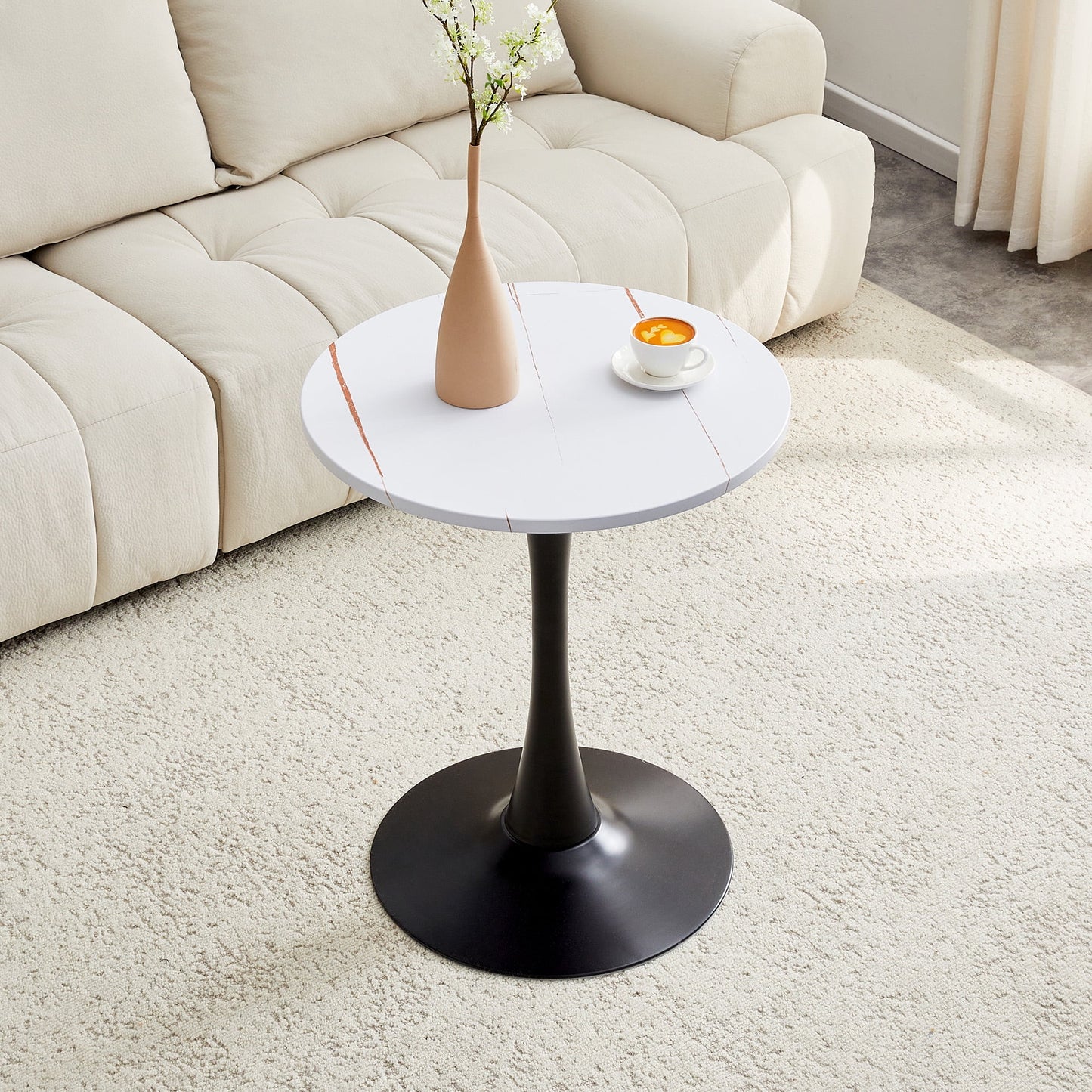 Miniyam 23.6†Round Dining Table, Small Pedestal Tulip Style Table for 2–4 People, Wooden Top with Metal Base, Warm White