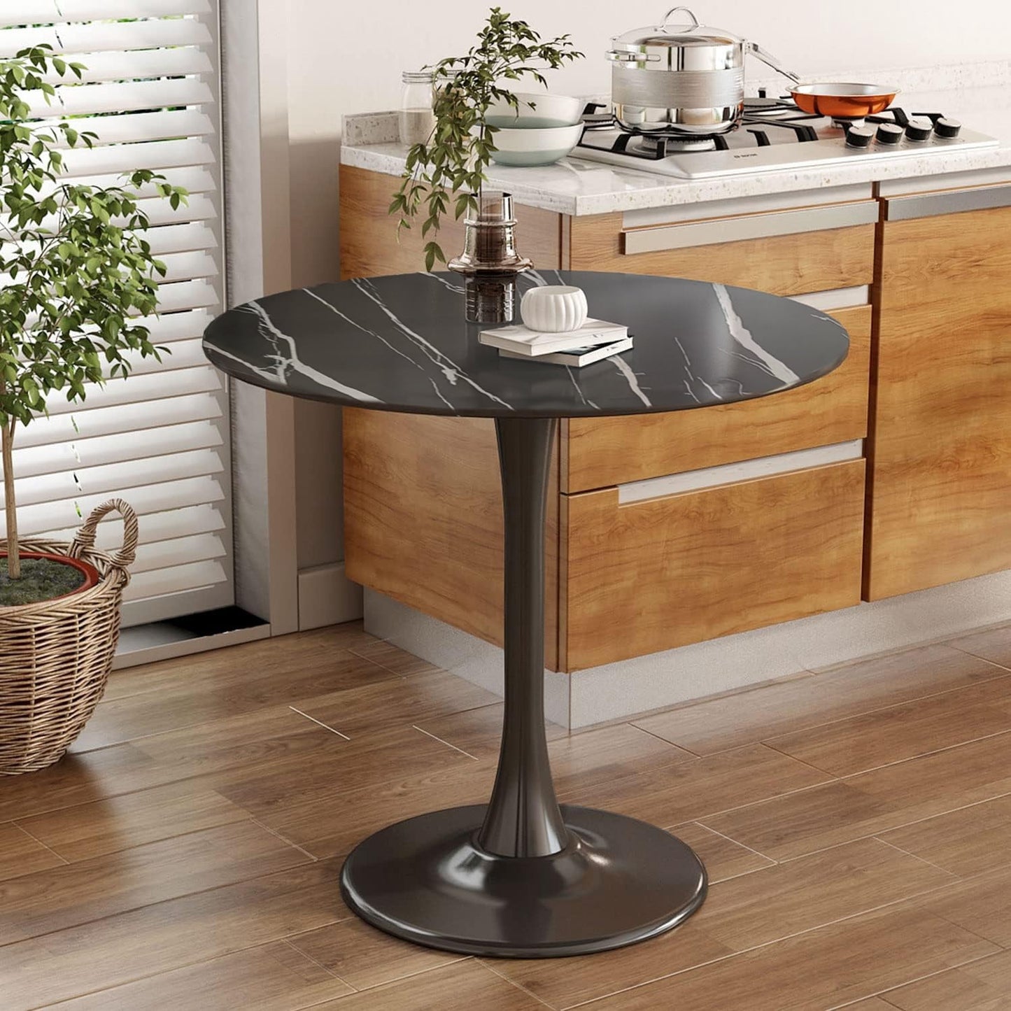 Miniyam 23.6" Round Dining Table, Small Wood Breakfast Table for Apartment, Kitchen or Studio, Modern Compact Dining Table for 2, Black Marble