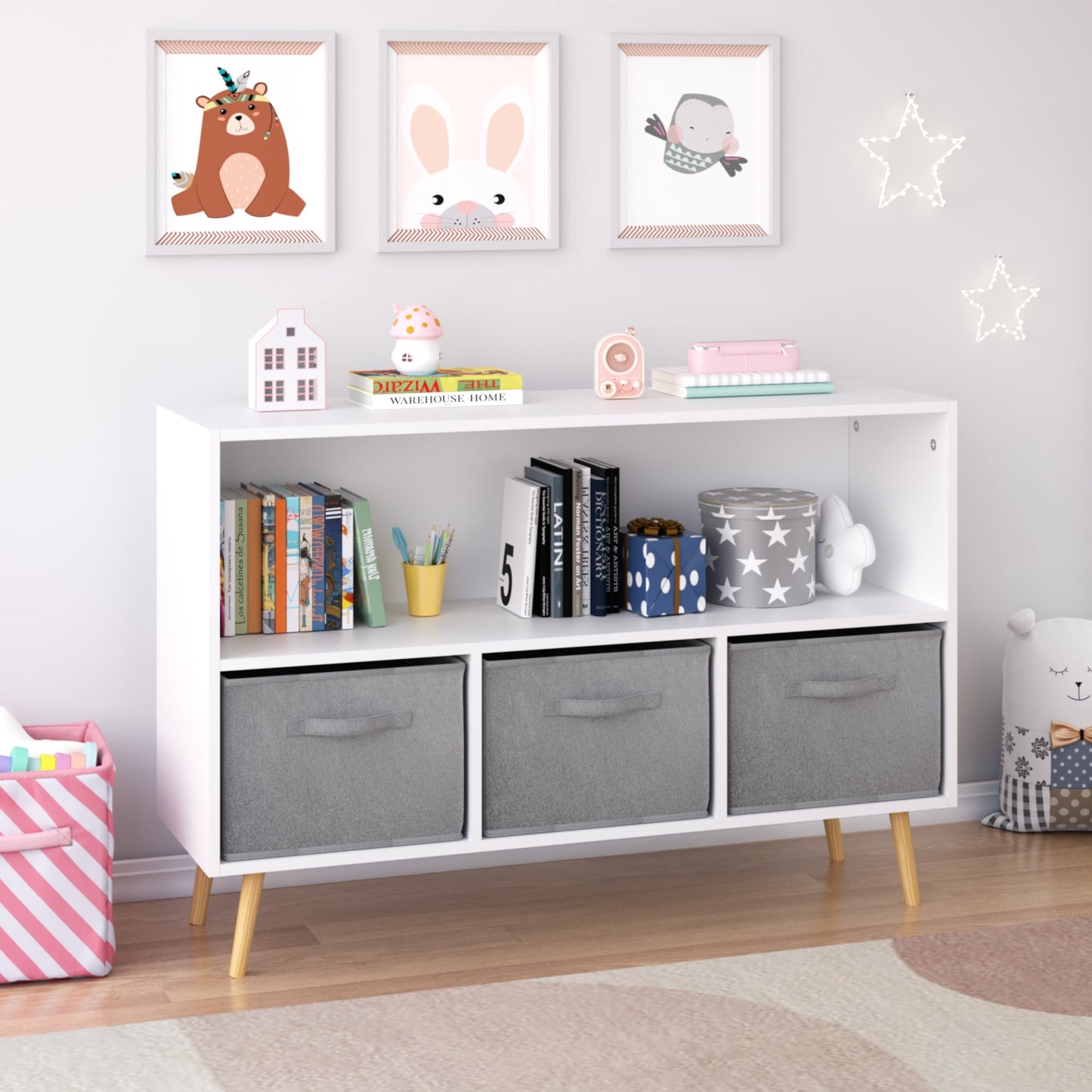 Miniyam Kids Bookcase with Storage Bins, 3 Fabric Drawers, Wooden Toy Organizer for Kids Room, Gray
