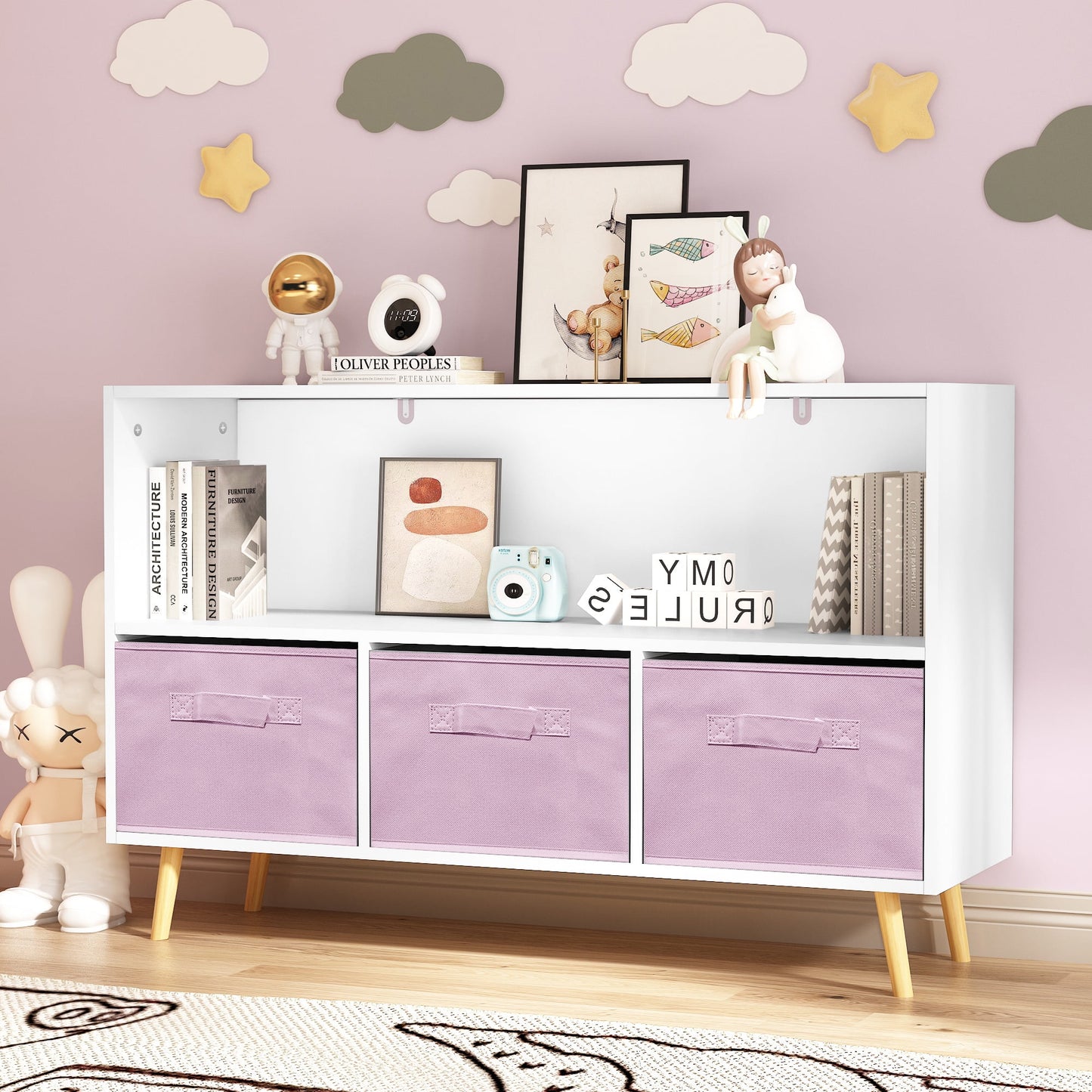 Miniyam Kids Bookcase with Storage Bins, 3 Fabric Drawers, Wooden Toy Organizer for Kids Room, Pink