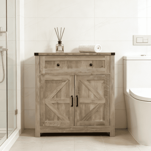 Mintazer Gabinete de Almacenamiento para Baño Estilo Farmhouse con Puertas de Granero y Cajón, Gabinete Rústico Decorativa para Baño y Cocina, Gris