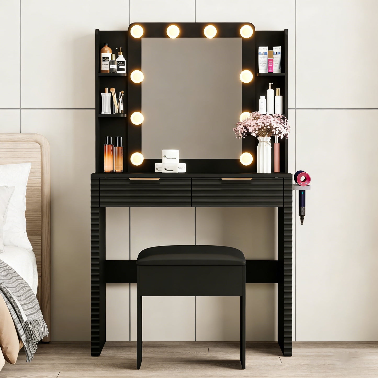 Mintazer Vanity Set with 2 Drawers & 4 Open Shelves and Storage Stool, Dressing Table with Hollywood Bulbs and Mirror & Charging Station, Makeup Vanity Desk for Bedroom, Black