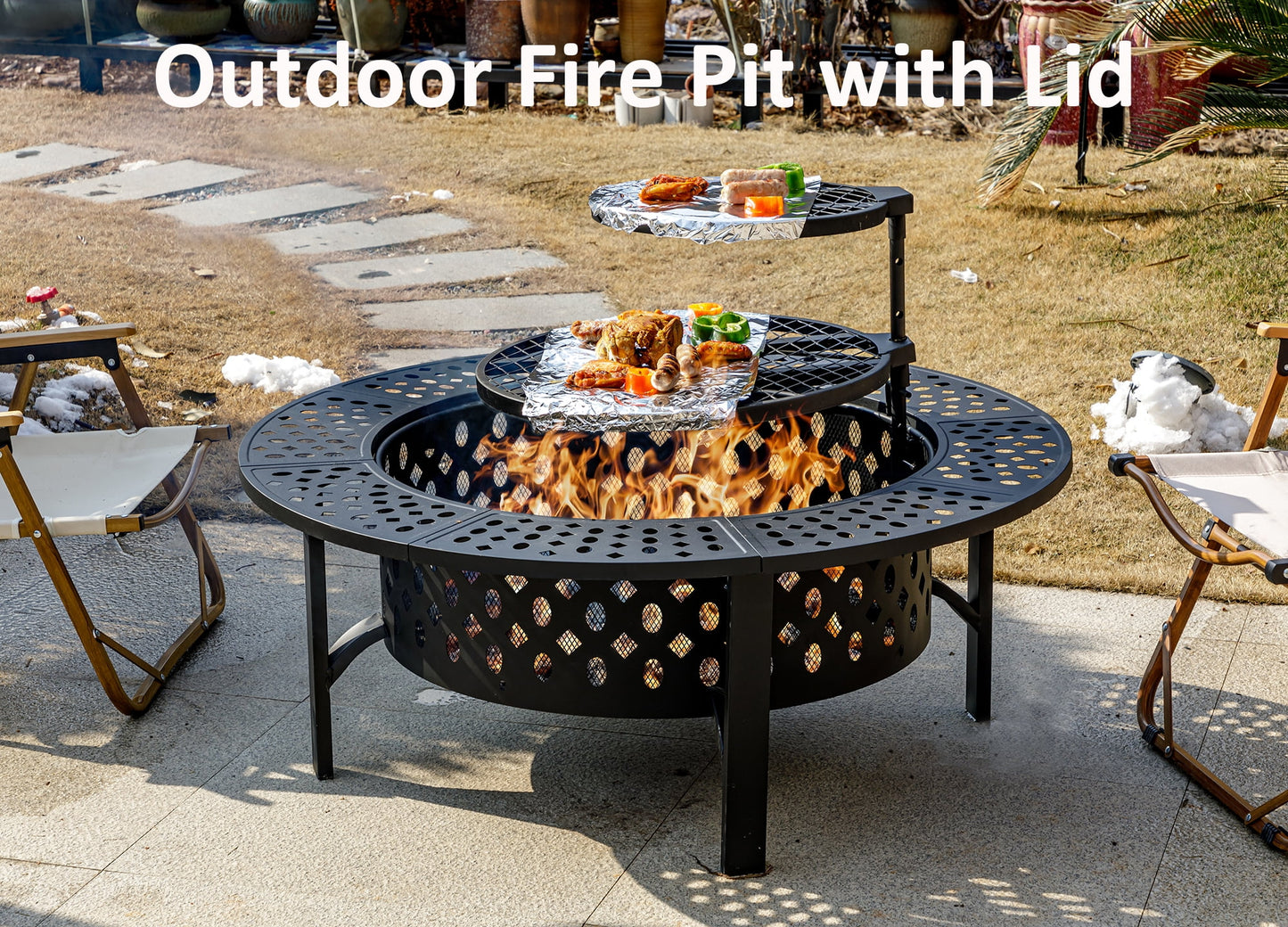 MistMo 42 inch Round Fire Pit for Outdoor Bonfire Multipurpose Wood Burning Metal Table for Patio