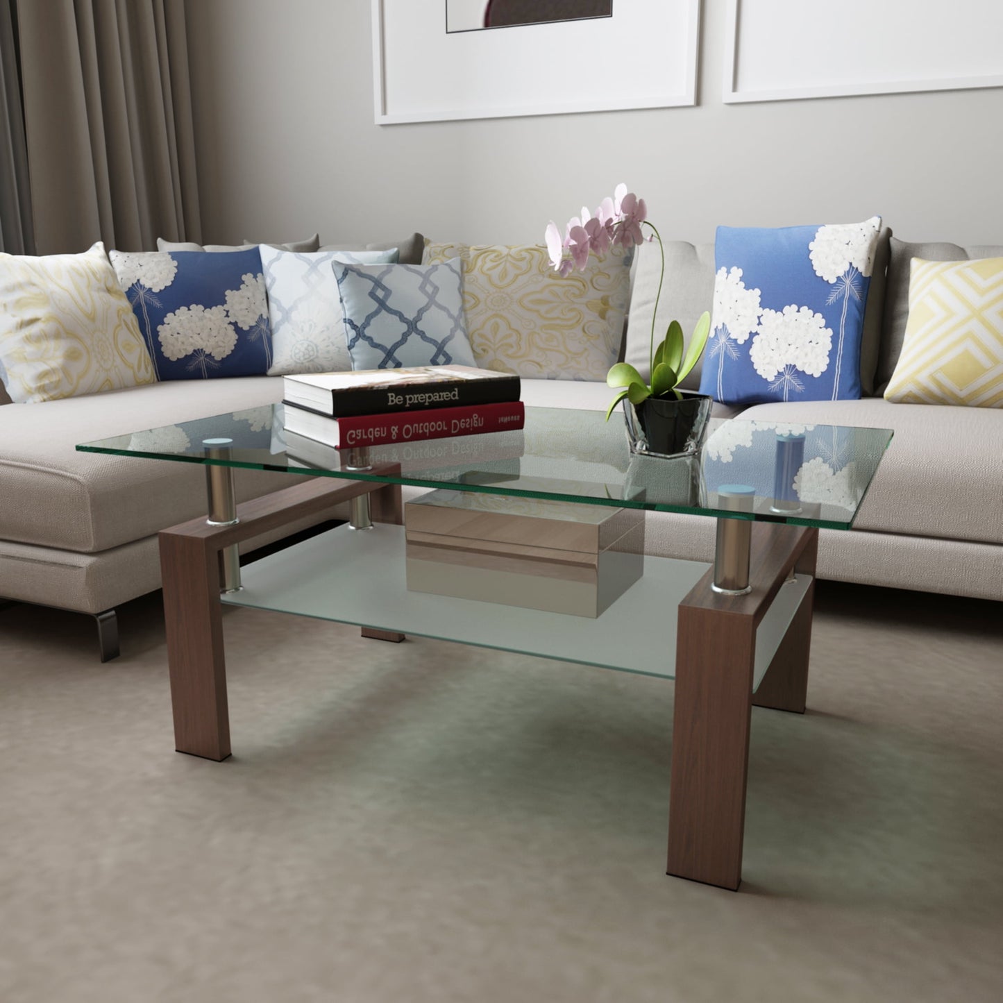Modern Glass Coffee Table with Metal Legs & Lower Shelf, Leumius Clear Rectangle Glass Coffee Table,Suitable Home Furniture for the Living Room