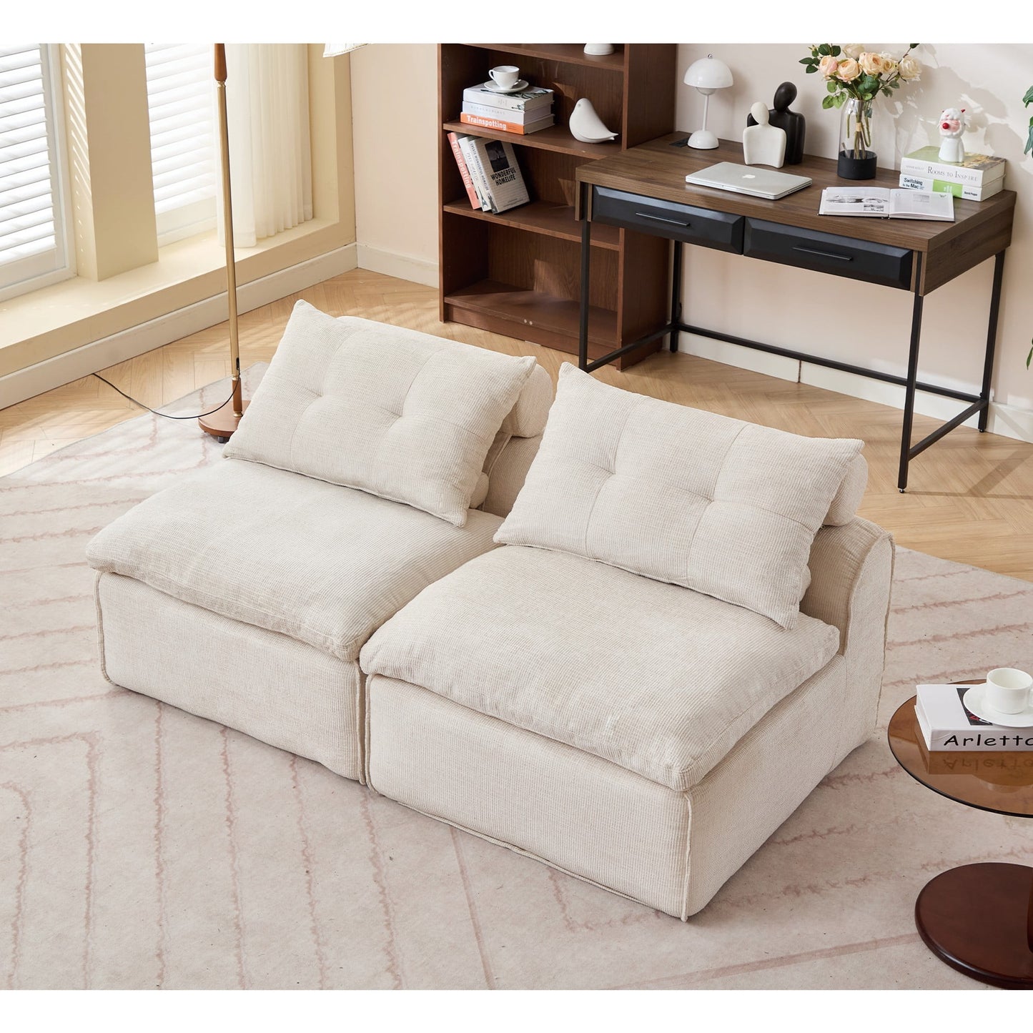 Modern Loveseat Sofa,Modular Sofa Couch,Corduroy 2-Seater Cloud Couch,Reading Lounge Sofa Chair for Small Spaces,Living Room,No Armrests,At will DIY,Orange