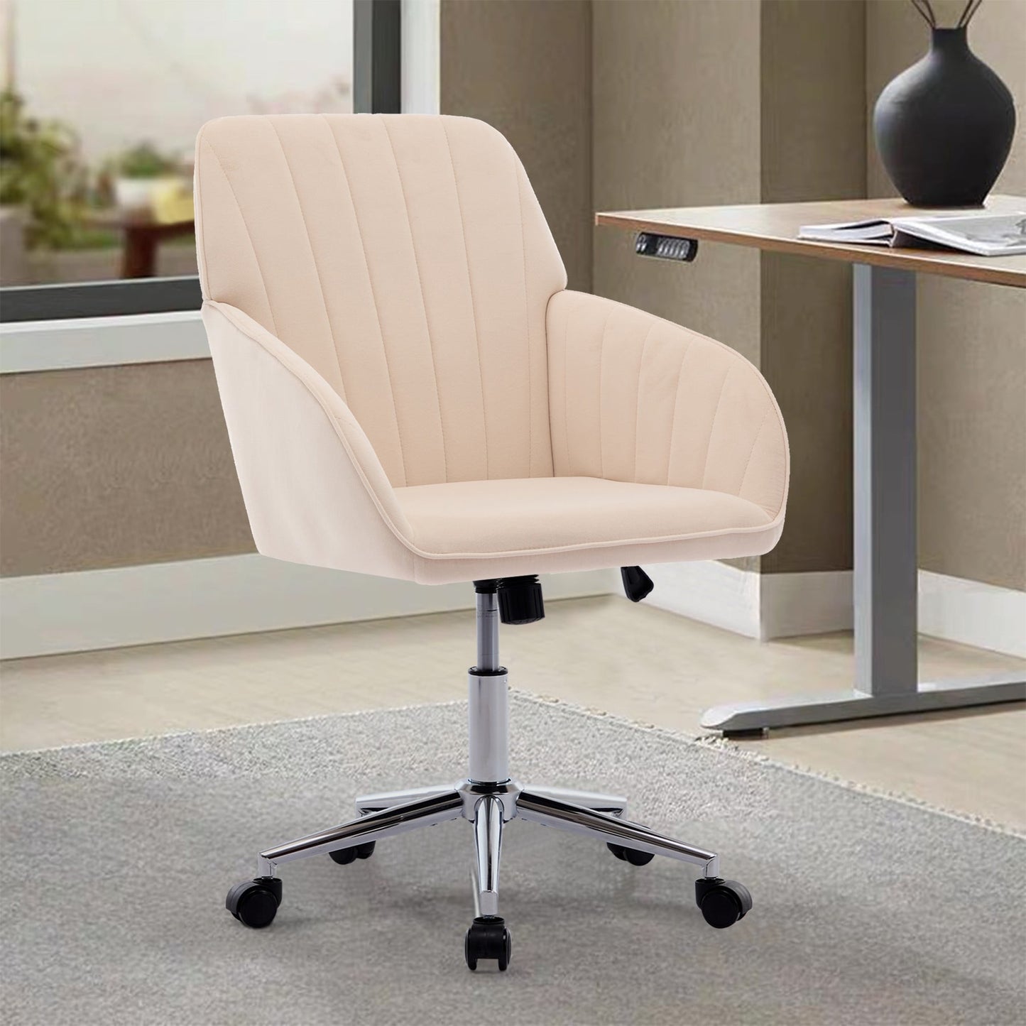 Modern Office Chair,Adjustable Arm Chair Computer Chair with Wheels,Swivel Vanity Chair for Living Room,khaki