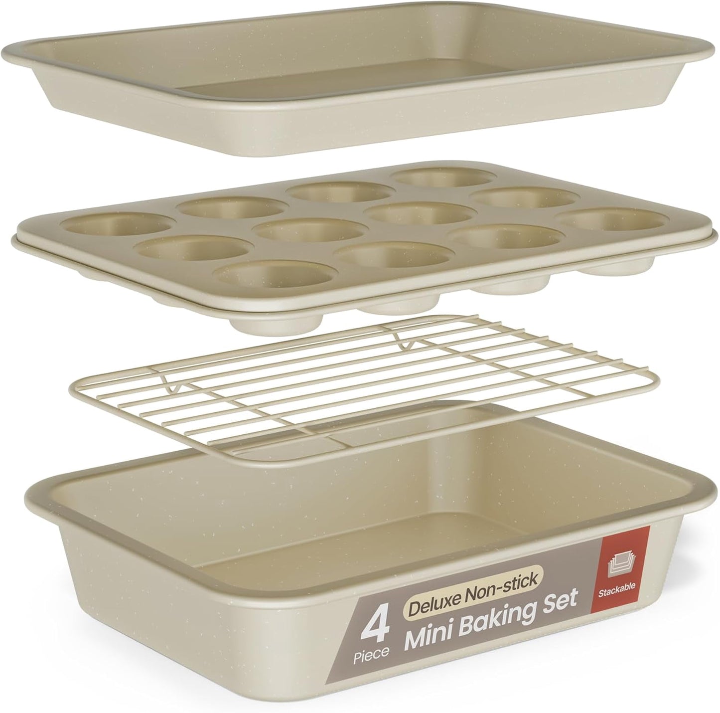 Bakken 4-Piece Bakeware Sets, Nonstick Carbon Steel Baking Sheet, Stackable Space-Saving Bakeware, Dishwasher Safe, Oven Safe 450°F, White Marble