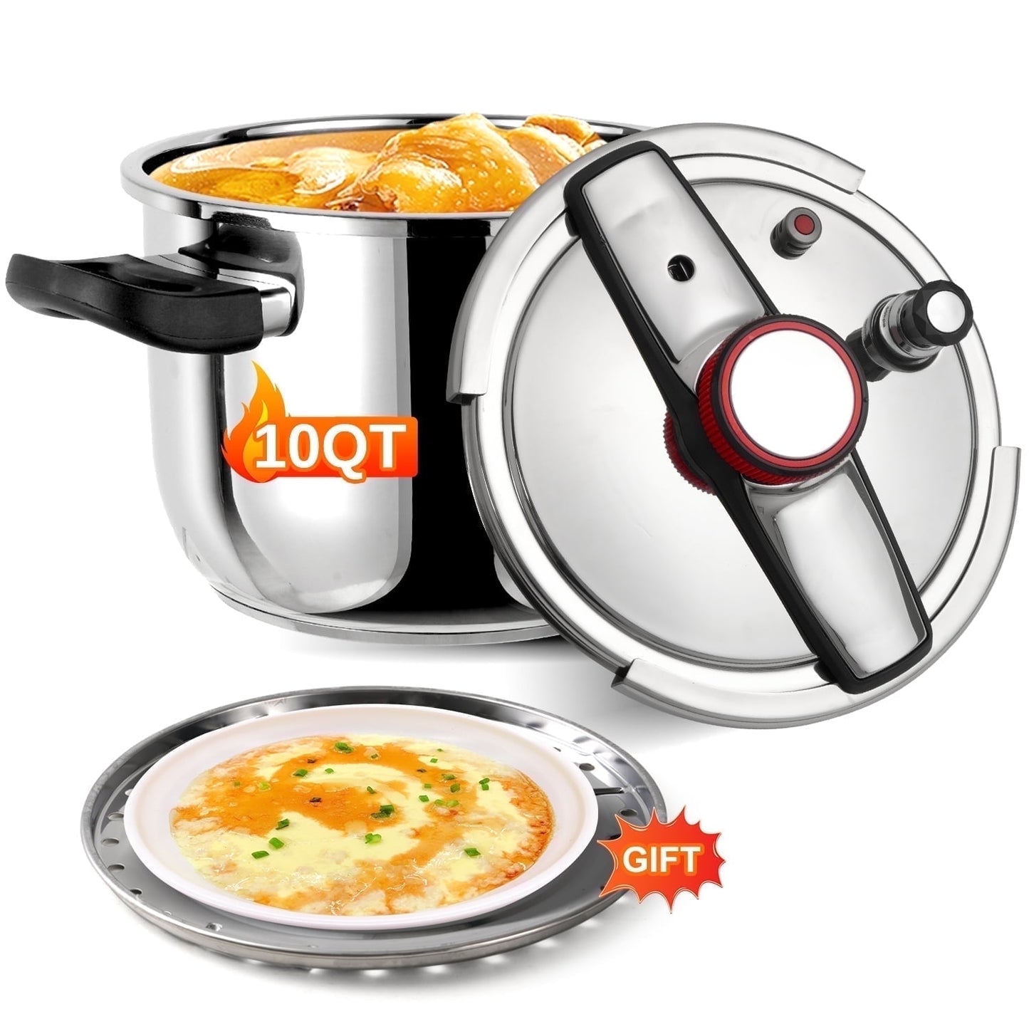 NYTRX 18/8 Stainess Pressure Cooker 10 QT, Food-Grade Olla De Presion, Steam Included