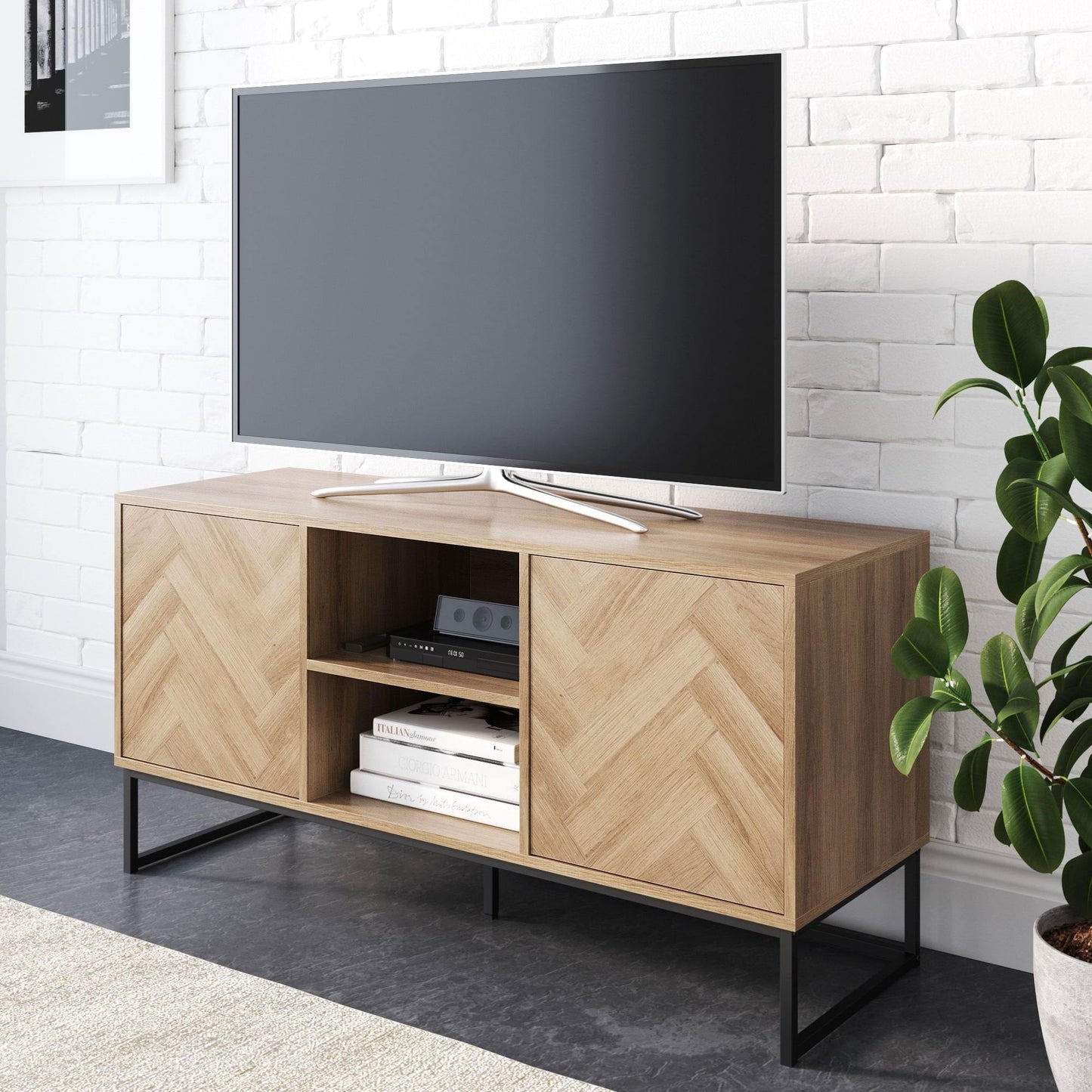 Nathan James Dylan Gabinete de Consola de Medios para TV con Almacenamiento Oculto, Patrón de Espiga, Madera y Metal, Roble/negro