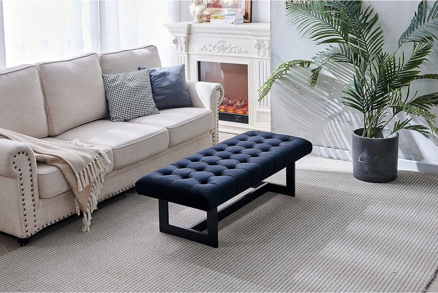 Nathaniel Home 48'' Button-Tufted Kids Ottoman, Upholstered Bedroom Benches, Vegan Leather Footrest Stool Accent Bench, for Living Room End of Bed Black