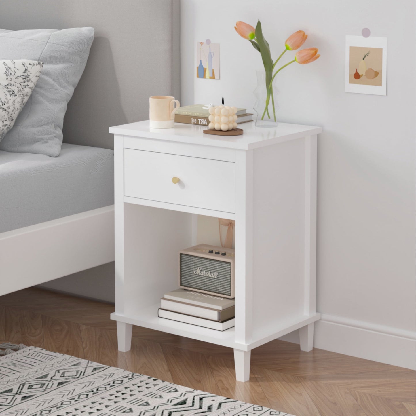 Noble House 26.8" Kids and Adults Wooden Nightstand, 1-Drawer Bedside Table with Shelf, Silver Handle, White