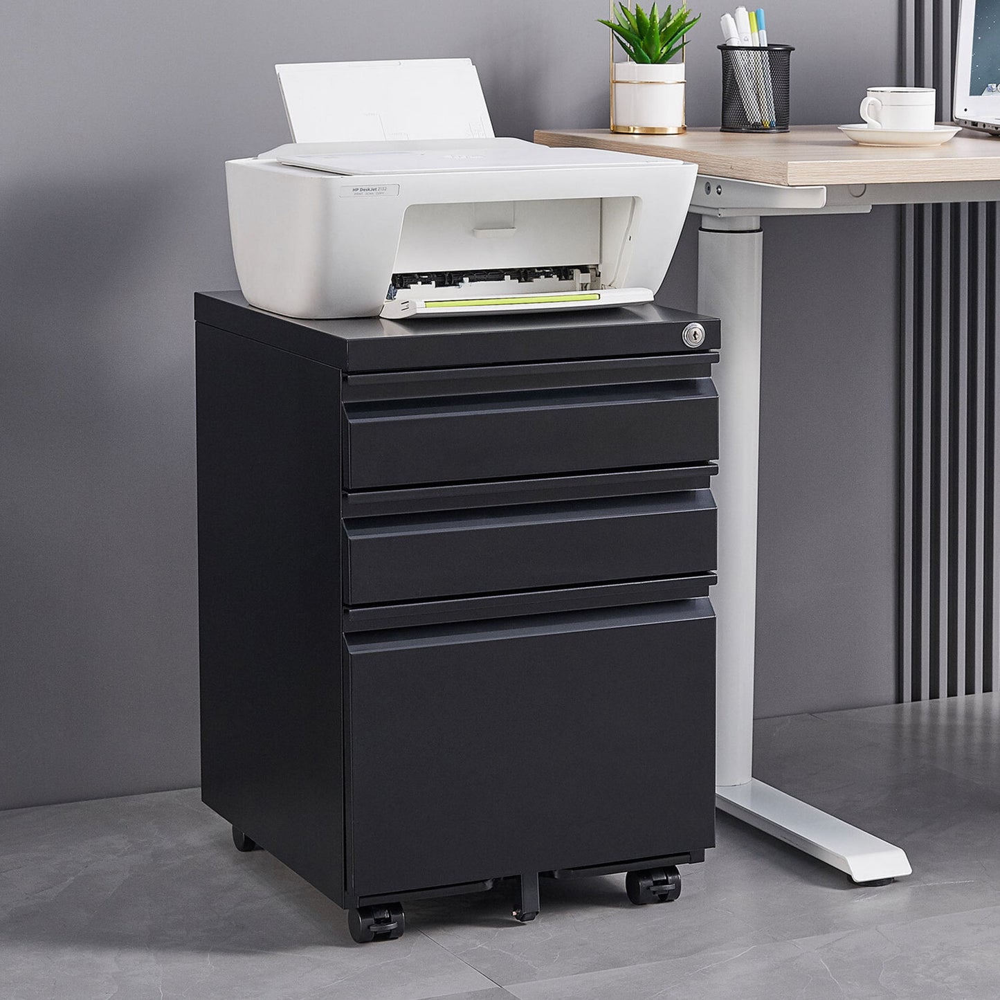 Noble House 3-Drawer Metal Mobile Filing Cabinet with Lock, Legal File Storage Organizer for Office, Black