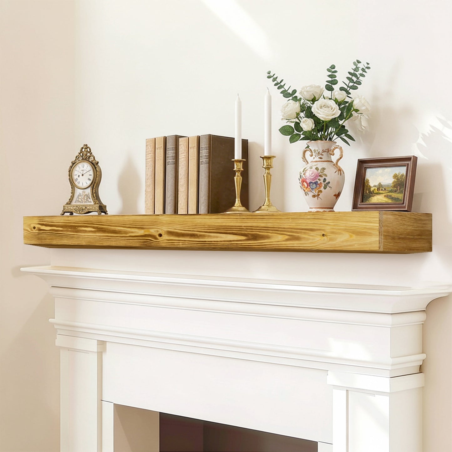 Noble House 60" Fireplace Mantel, Rustic Floating Wood Shelf with Invisible Brackets for Living Room, Caramel