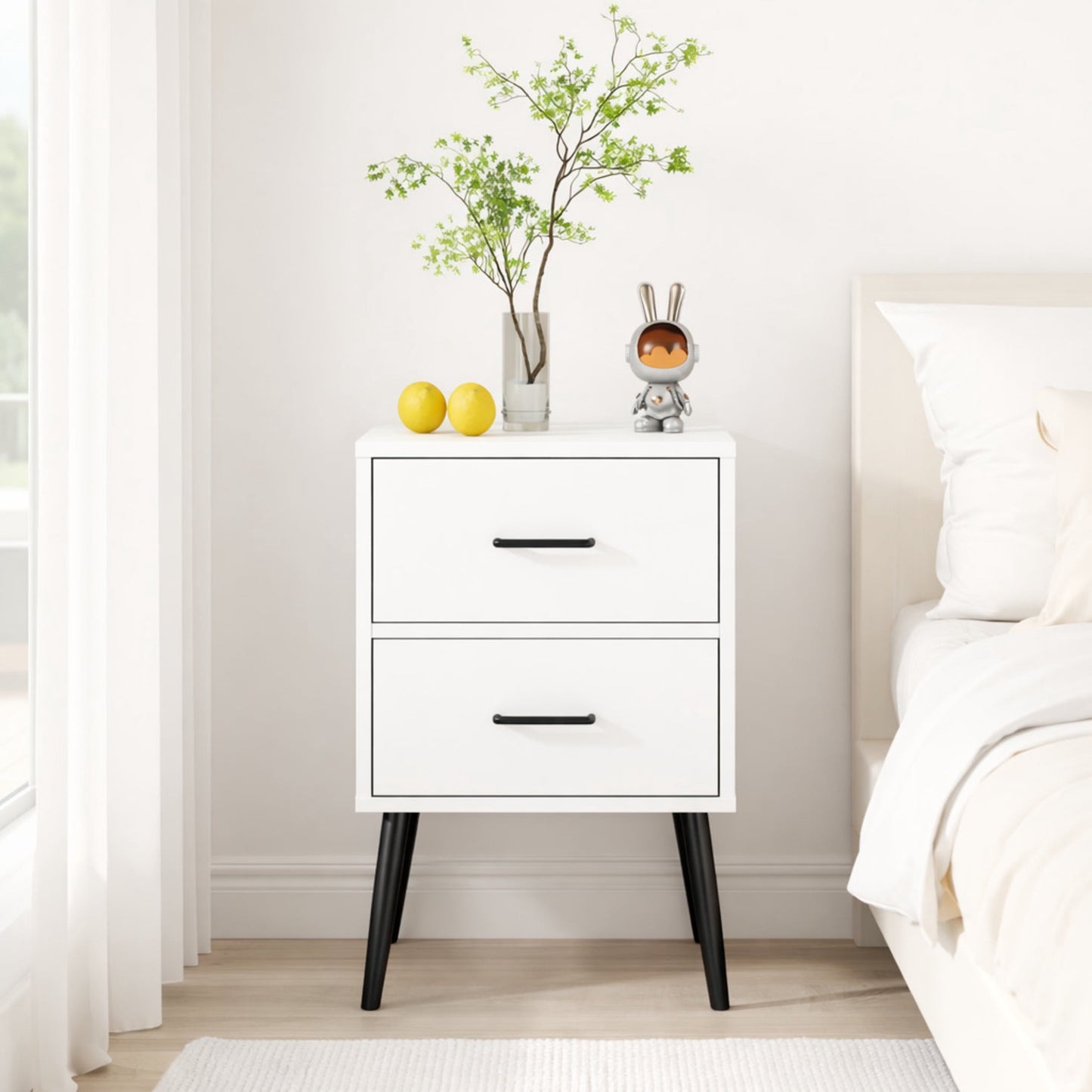 Noble House Misty 16" Modern 2-Drawer Nightstand with Tapered Metal Legs, Small End Table for Bedroom, White