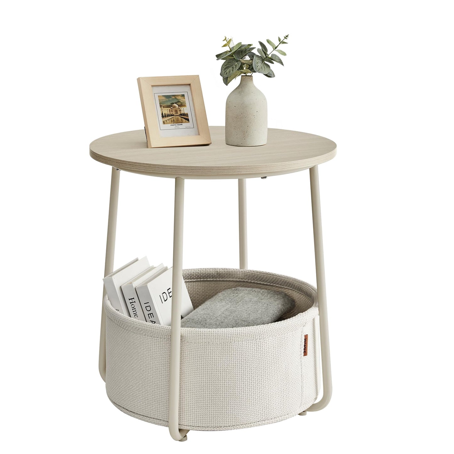 Nordic Hygge 17.7 in. Round Side Table with Fabric Storage Basket, Cream White
