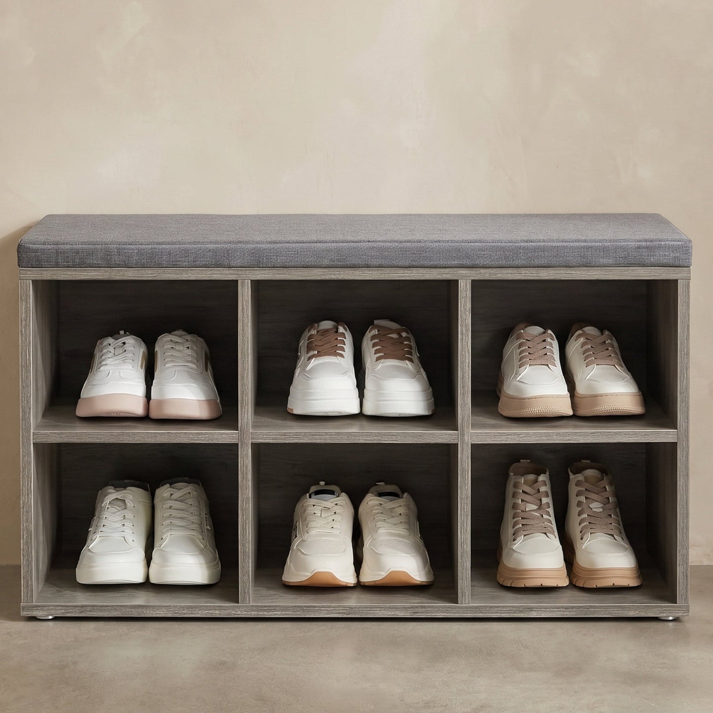 Nordic Hygge 40.2 in. Greige Shoe Storage Bench with Padded Seat & Adjustable Shelves