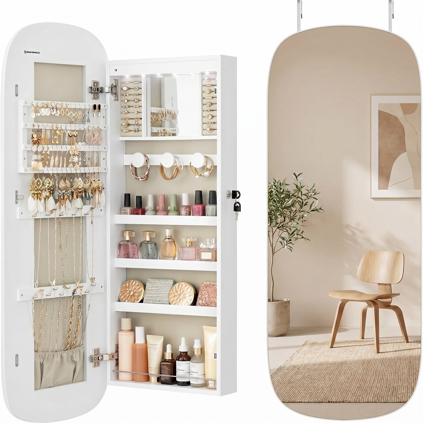 Nordic Hygge LED Wall/Door Mounted Jewelry Cabinet with Lockable Rounded Mirror – White & Greige