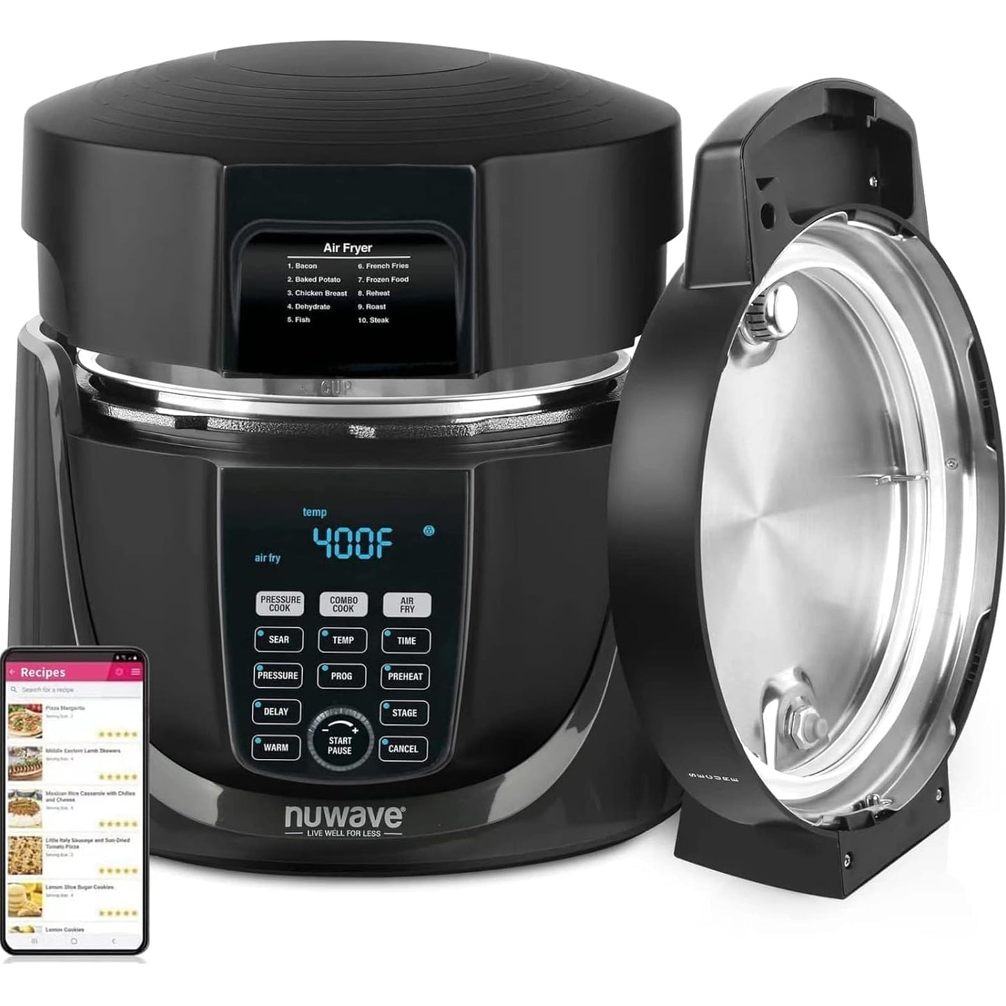 NuWave Duet Air Fryer & Electric Pressure Cooker, 540-in-1 Highly Programmable One-Touch Cooker, 18/10 SS Pot w/t Sure Lock Safety Sym, Lids